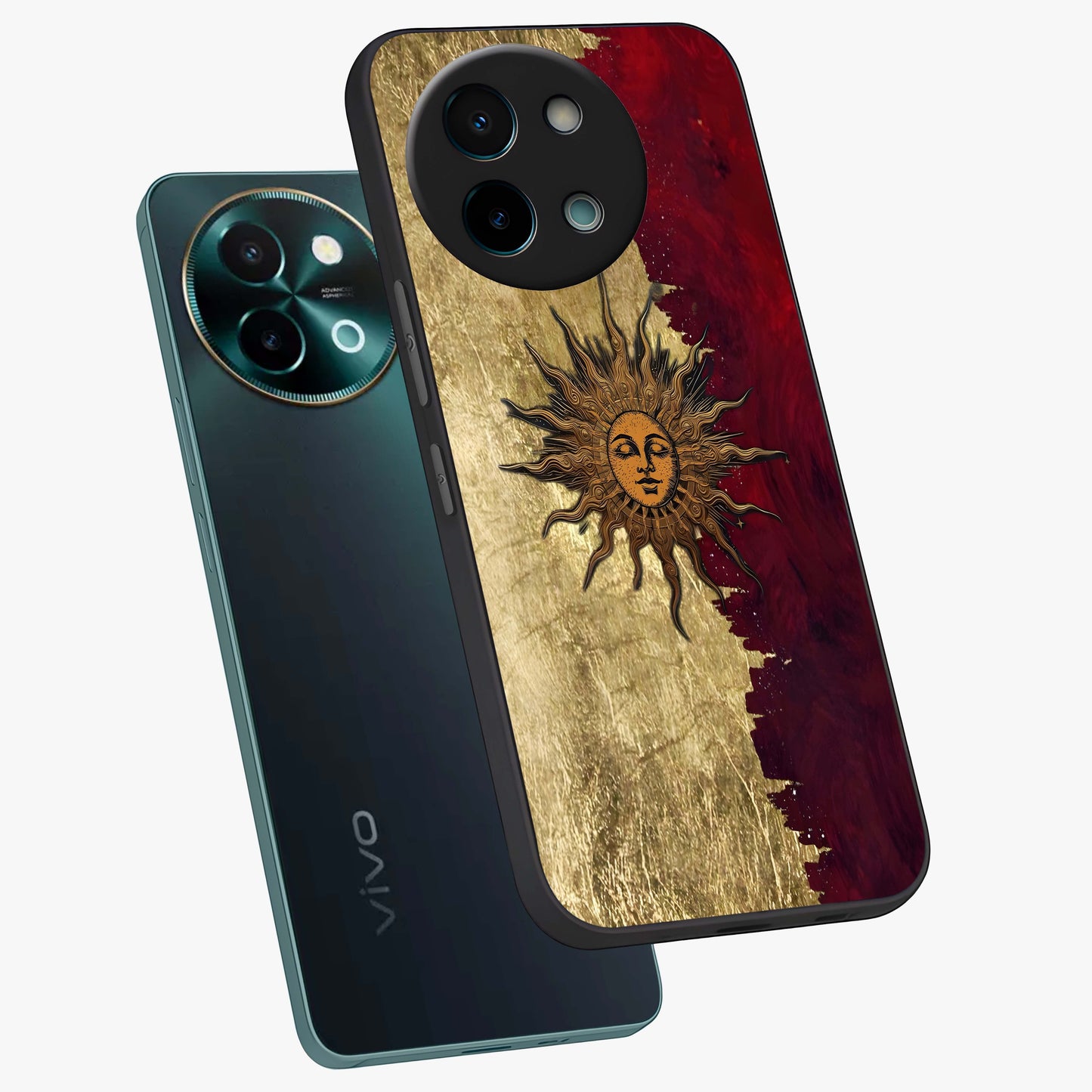 Crimson Sun Majesty Glass Case displayed in angled mockup highlighting majestic crimson sun design with bold aesthetic style.
