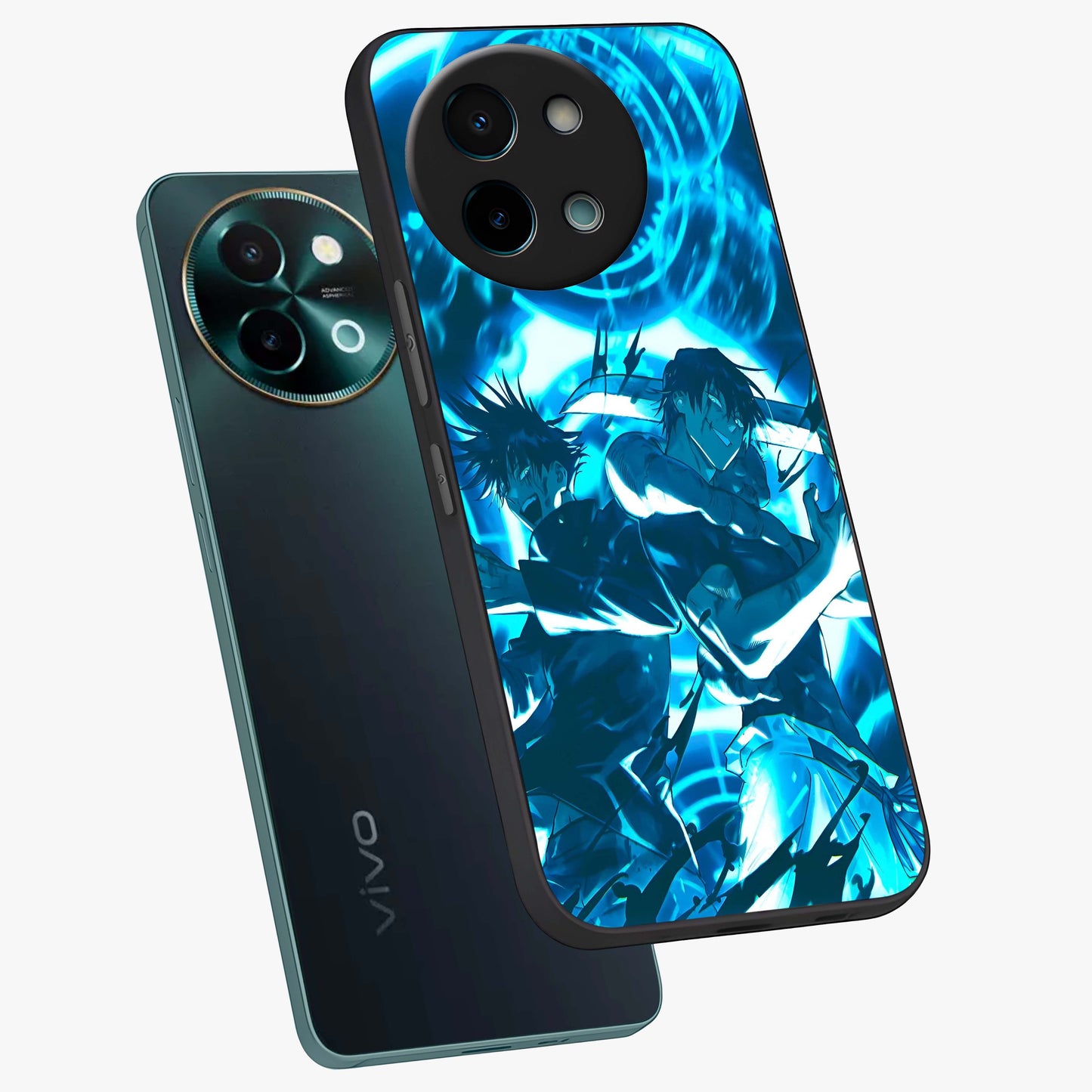 Cursed Energy Clash Glass Case displayed in angled mockup highlighting powerful battle inspired graphic with anime style aesthetic.