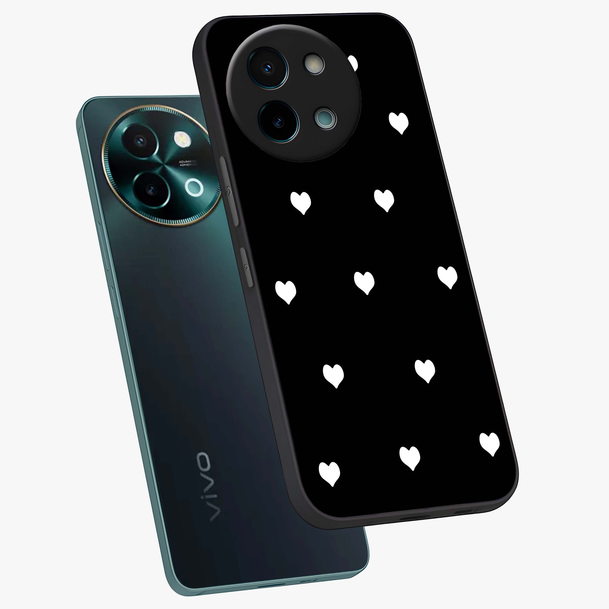 Cute And Simple White Hearts Glass Case displayed in angled mockup highlighting cute heart design with clean aesthetic style.