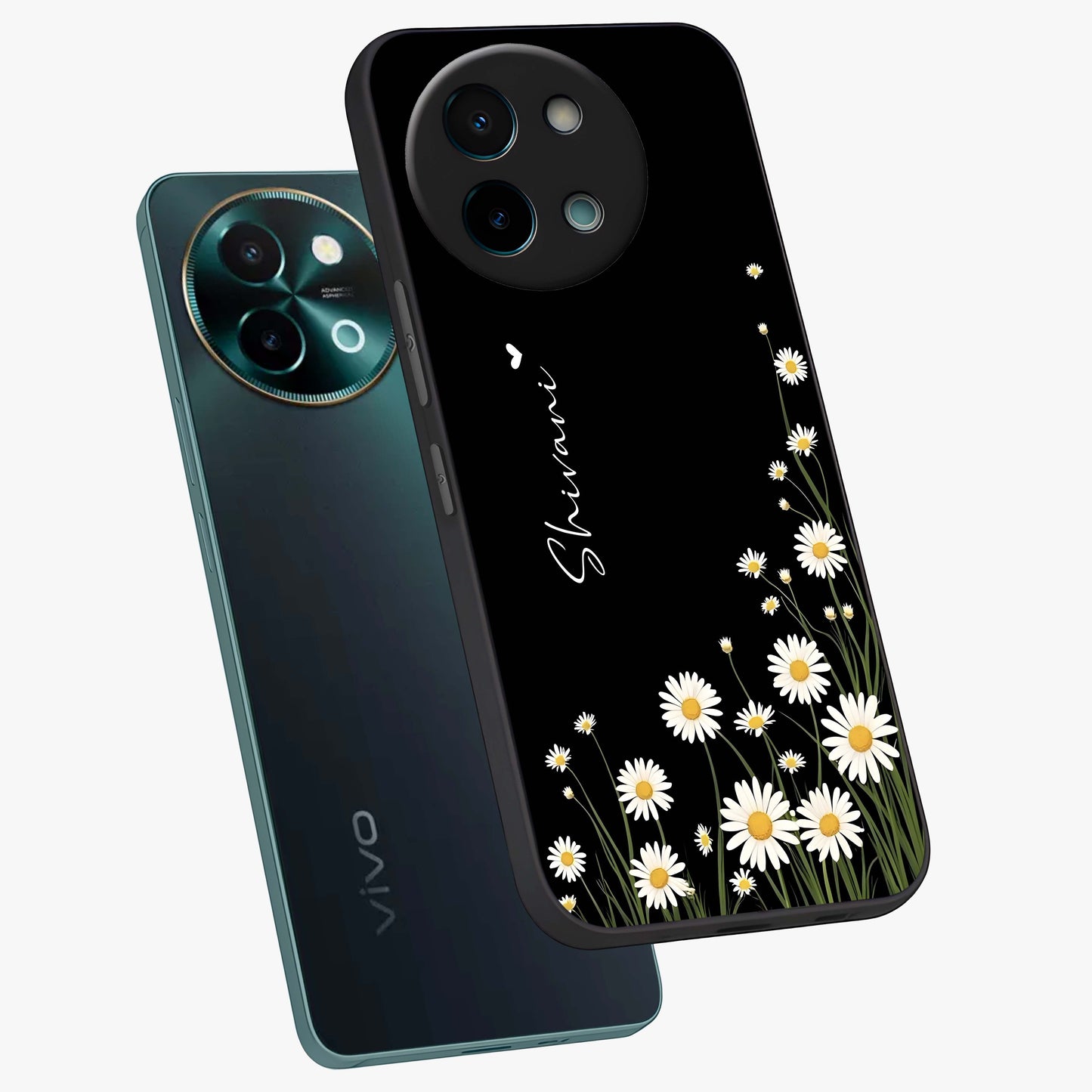 Daisy Cascade Custom Name Glass Case displayed in angled mockup highlighting delicate daisy artwork with custom name feature.
