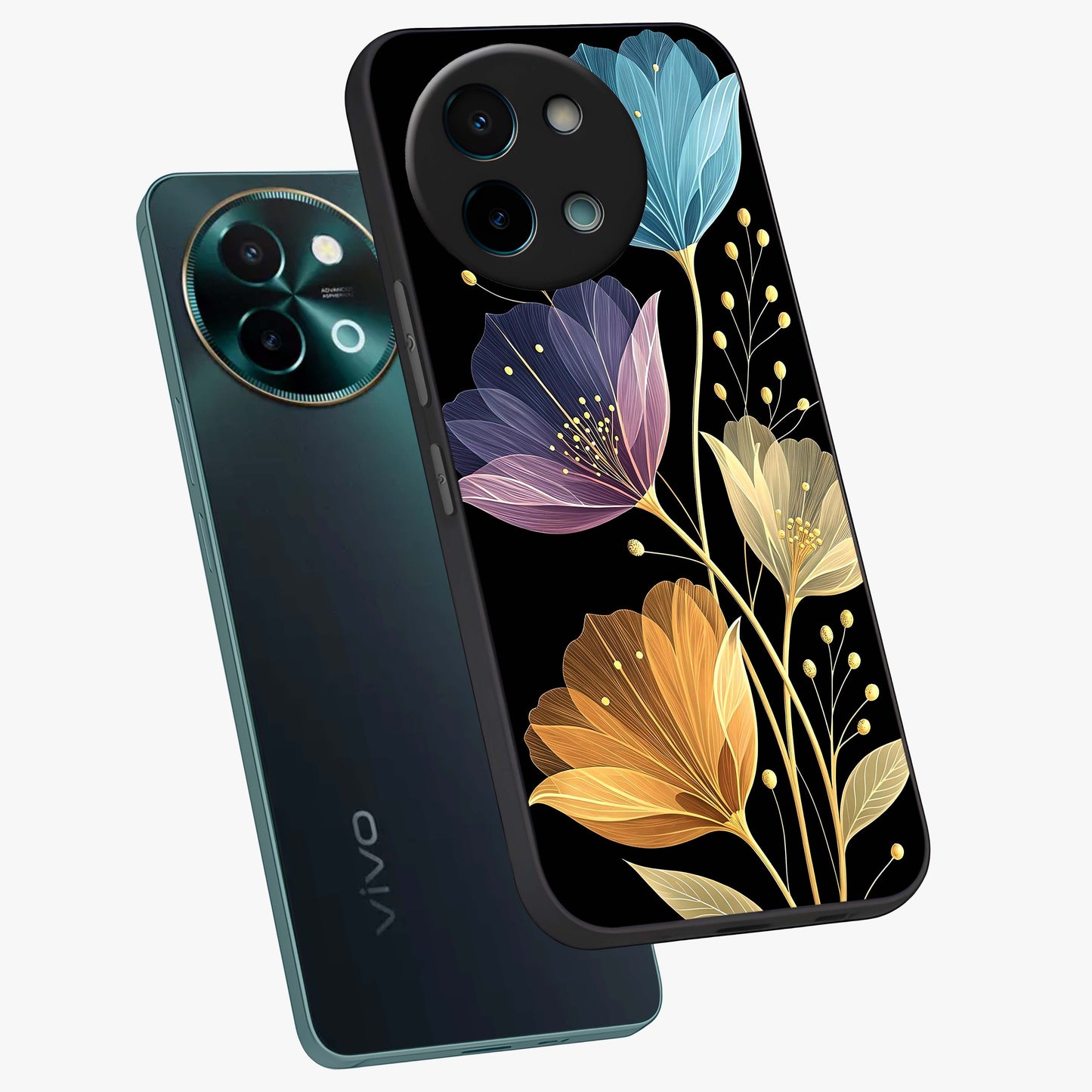Delicate Multicolor Flowers Glass Case displayed in angled mockup highlighting colorful flower pattern with soft aesthetic style.