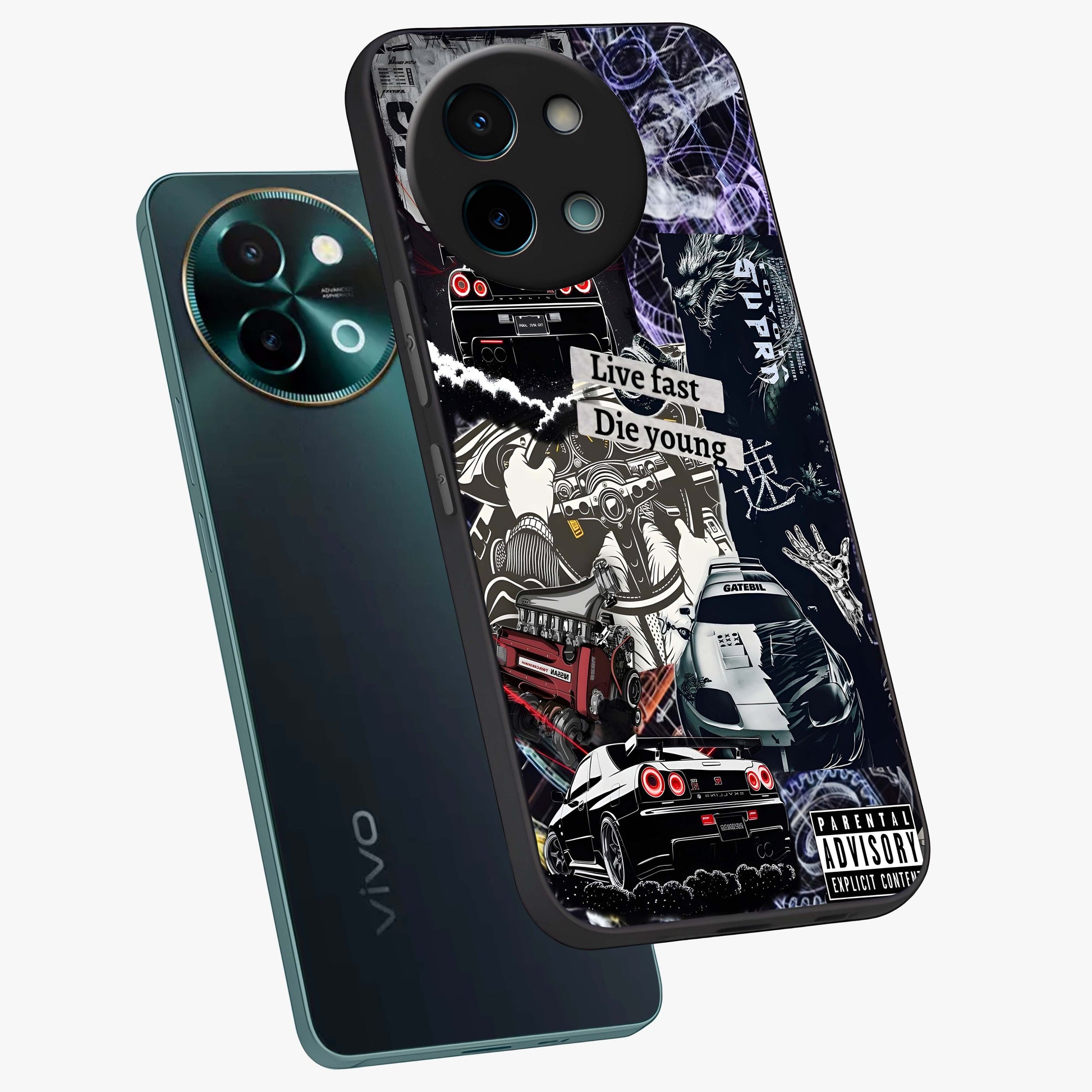 Die Young Glass Case displayed in angled mockup highlighting expressive graphic artwork with edgy aesthetic style.