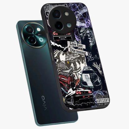 Die Young Glass Case displayed in angled mockup highlighting expressive graphic artwork with edgy aesthetic style.