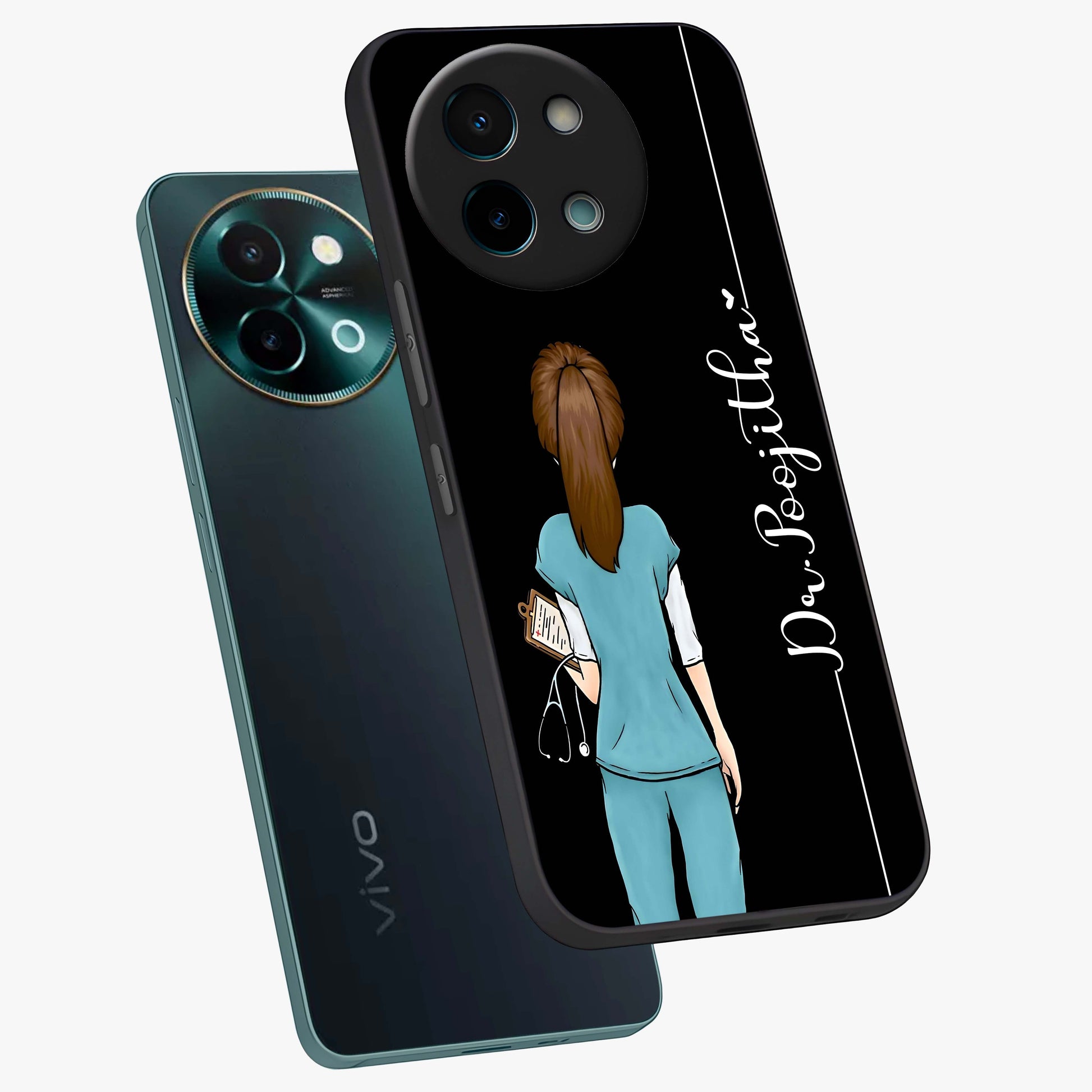 Doctor Pattern Custom Name Glass Case displayed in angled mockup highlighting doctor inspired artwork with custom name feature.