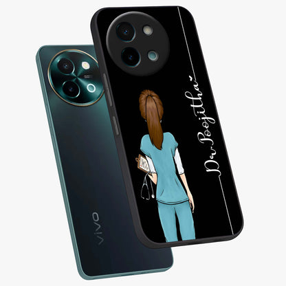 Doctor Pattern Custom Name Glass Case displayed in angled mockup highlighting doctor inspired artwork with custom name feature.