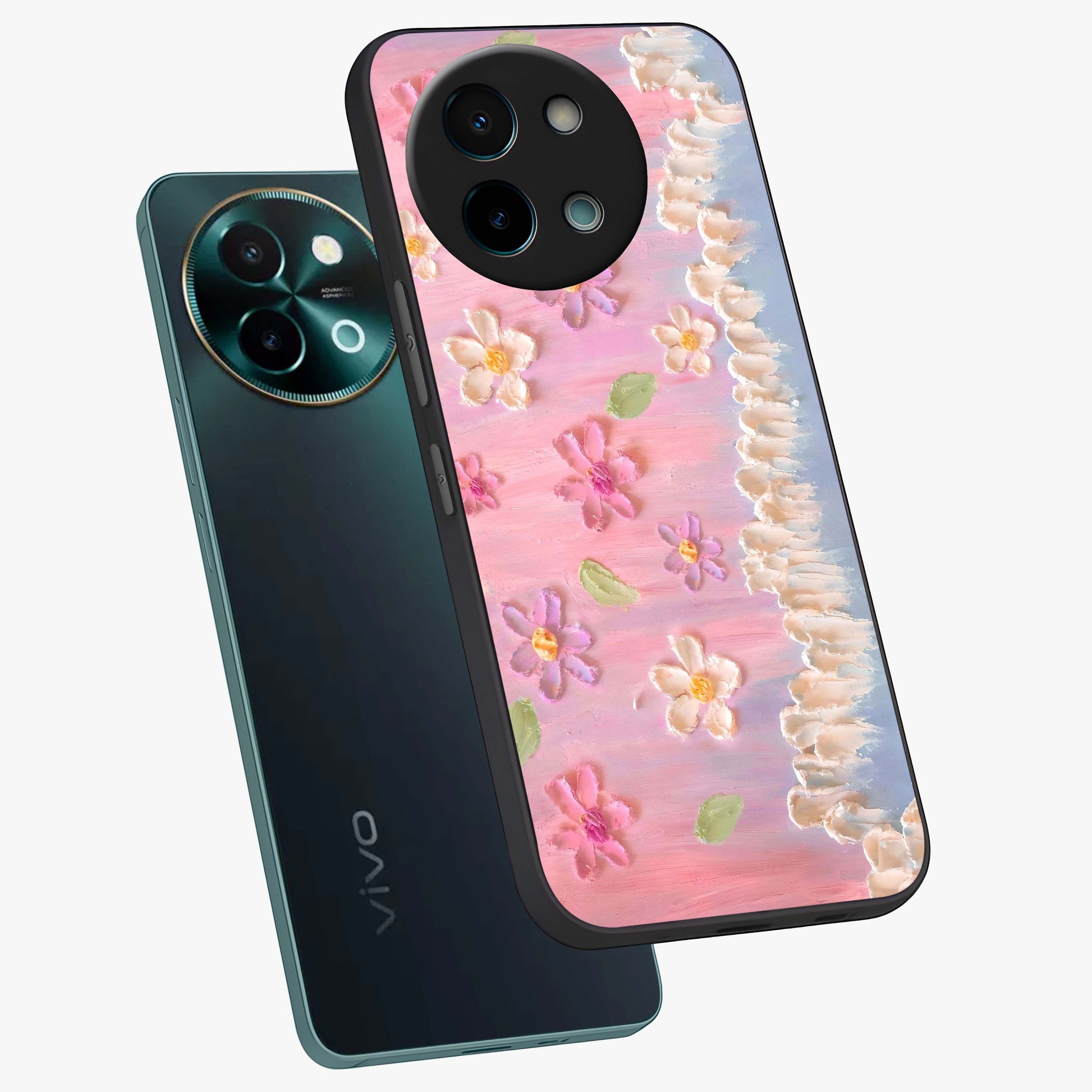 Dreamy Painted Garden Glass Case displayed in angled mockup highlighting colorful garden illustration with dreamy aesthetic style.