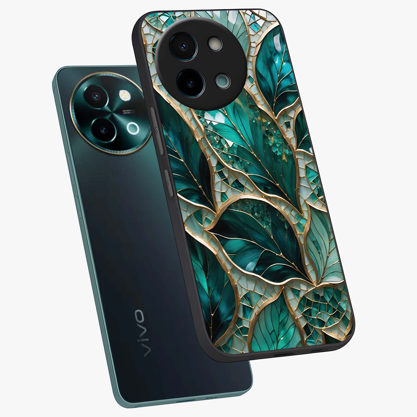 Emerald Leaf Glass Glass Case displayed in angled mockup highlighting botanical leaf illustration with elegant natural aesthetic.