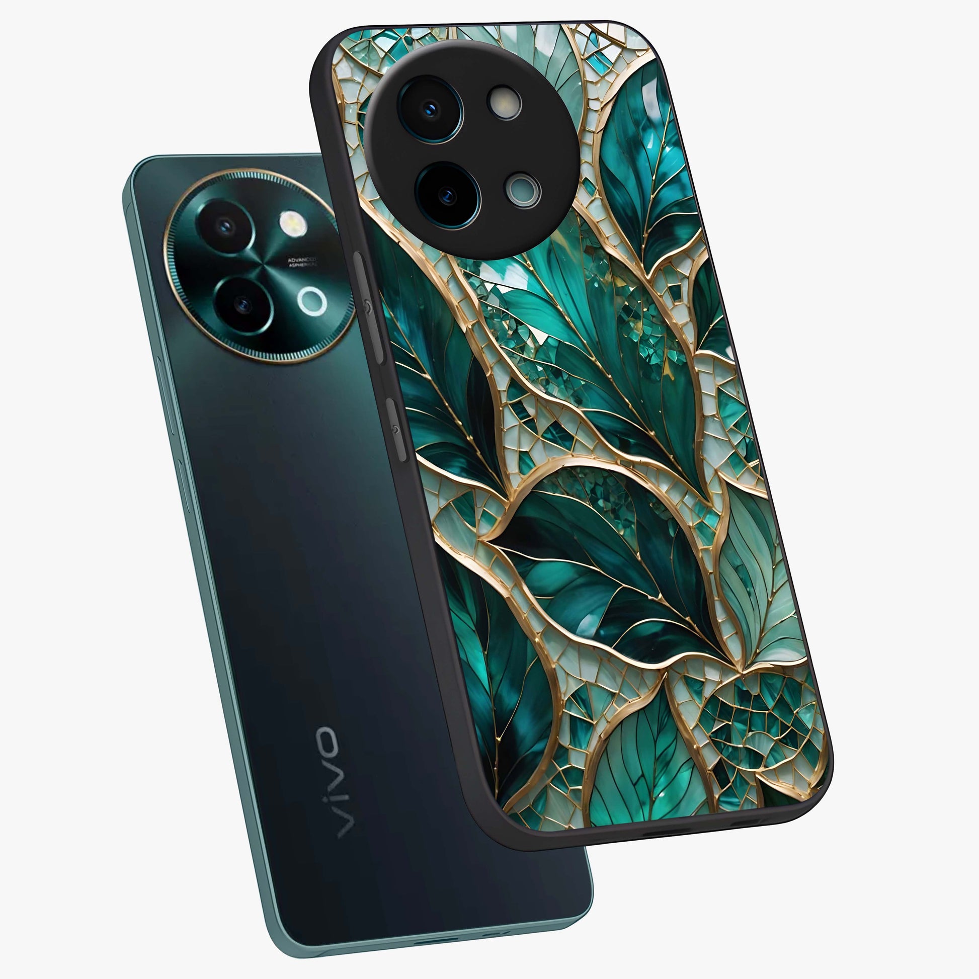 Emerald Leaf Glass Glass Case displayed in angled mockup highlighting botanical leaf illustration with elegant natural aesthetic.