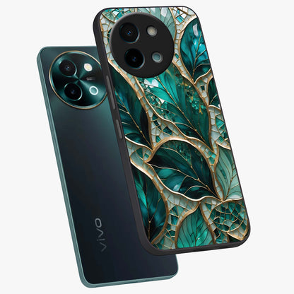 Emerald Leaf Glass Glass Case displayed in angled mockup highlighting botanical leaf illustration with elegant natural aesthetic.