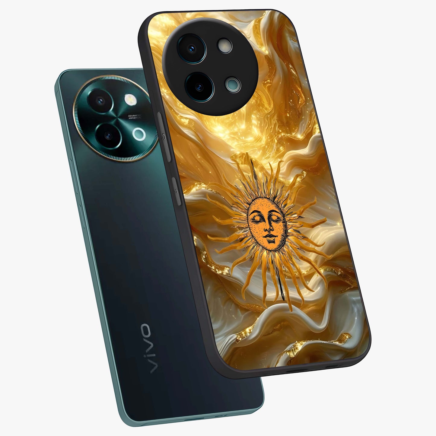 Eternal Golden Glow Glass Case displayed in angled mockup highlighting glowing golden aesthetic design with elegant style.