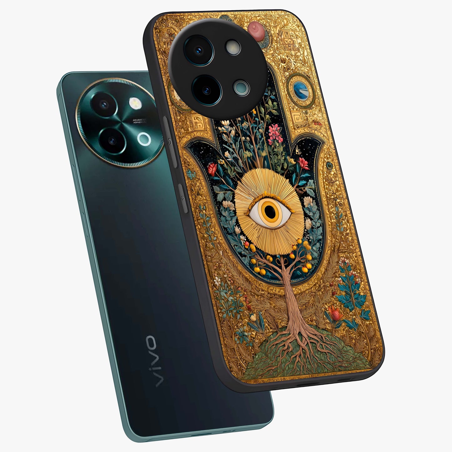 Ethereal Evil Eye Glass Case displayed in angled mockup highlighting protective evil eye symbol with spiritual aesthetic design.