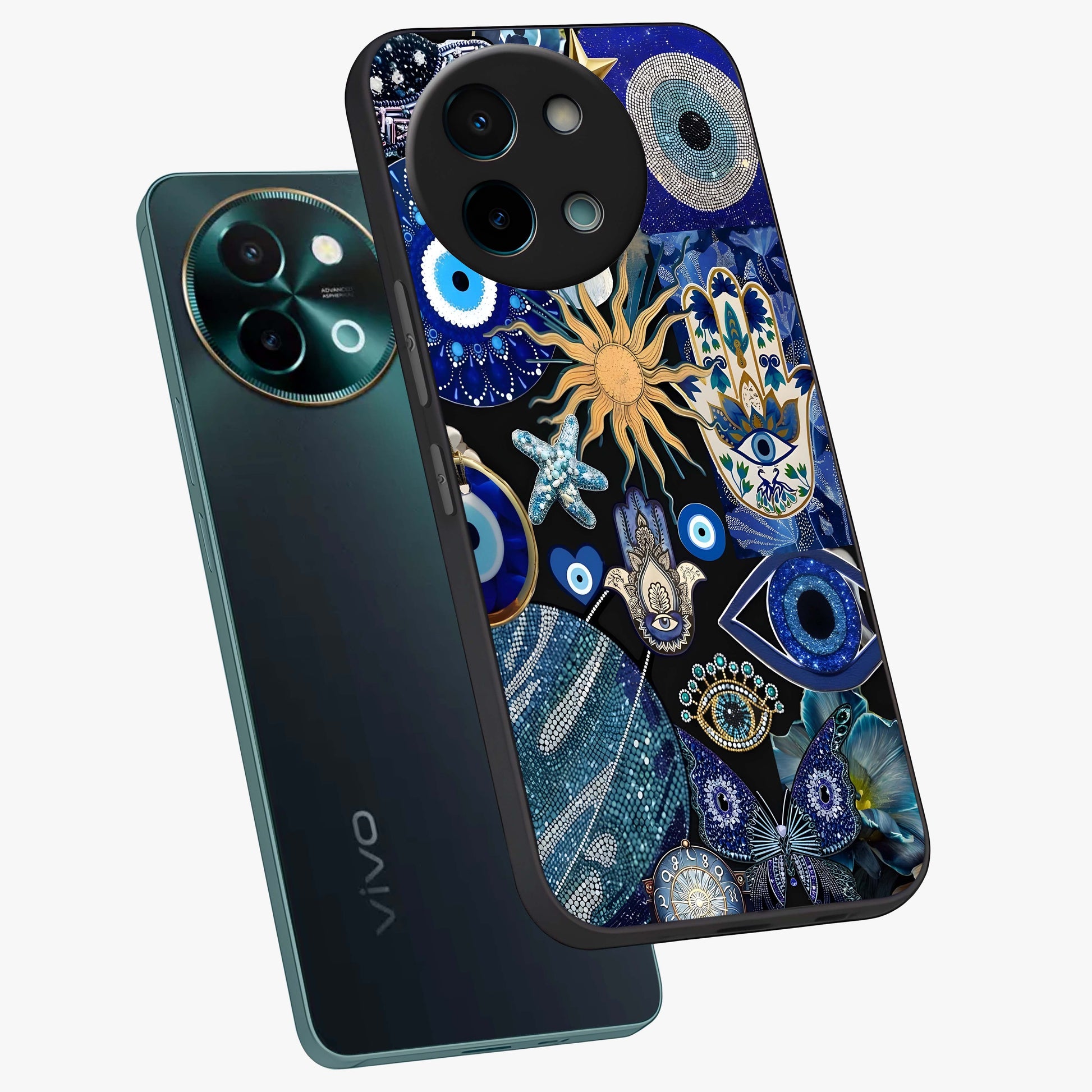 Evil Eye Charm Mix Glass Case displayed in angled mockup highlighting protective evil eye symbols with spiritual aesthetic design.