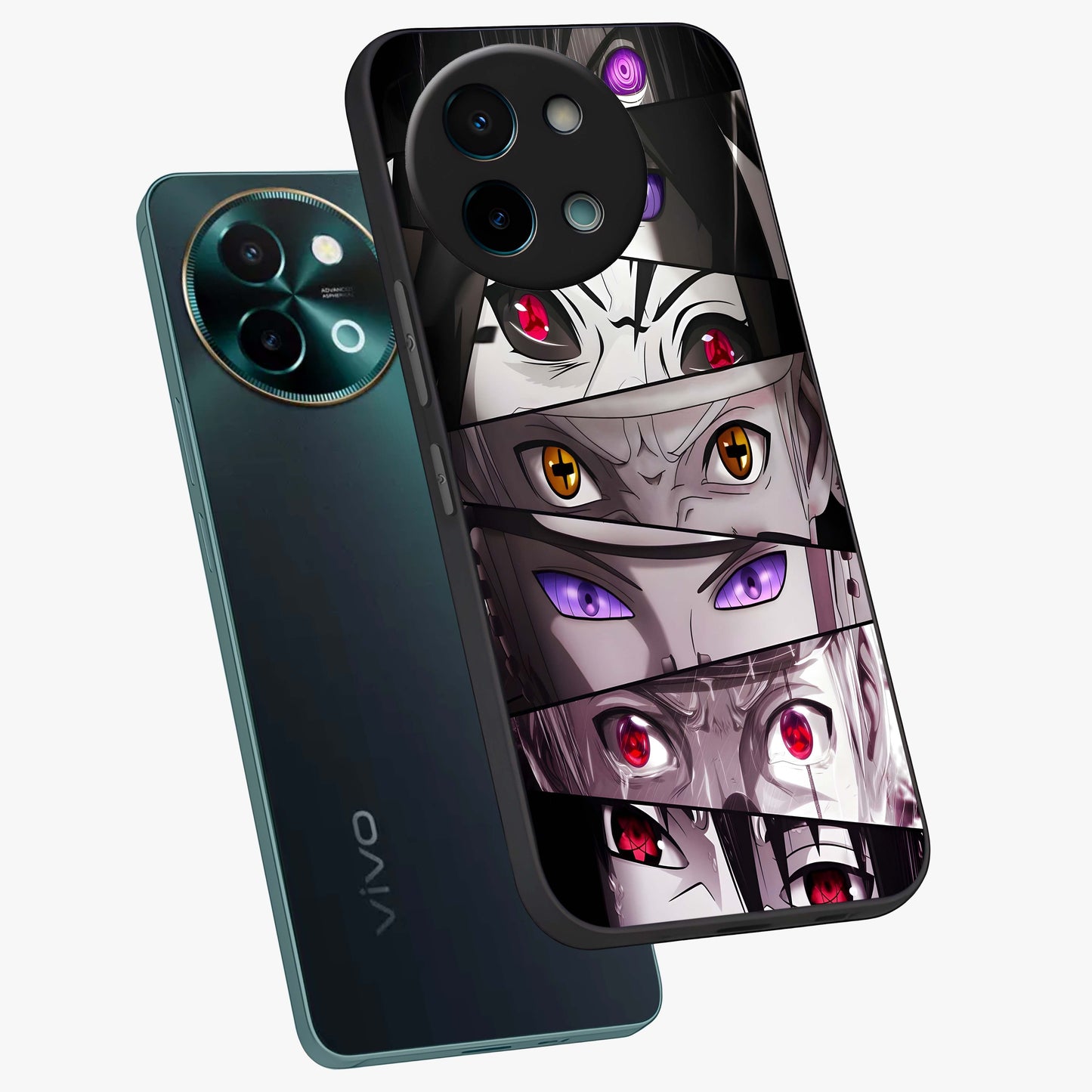 Eyes of Destiny Glass Case displayed in angled mockup highlighting bold eye illustration with mystical aesthetic style.