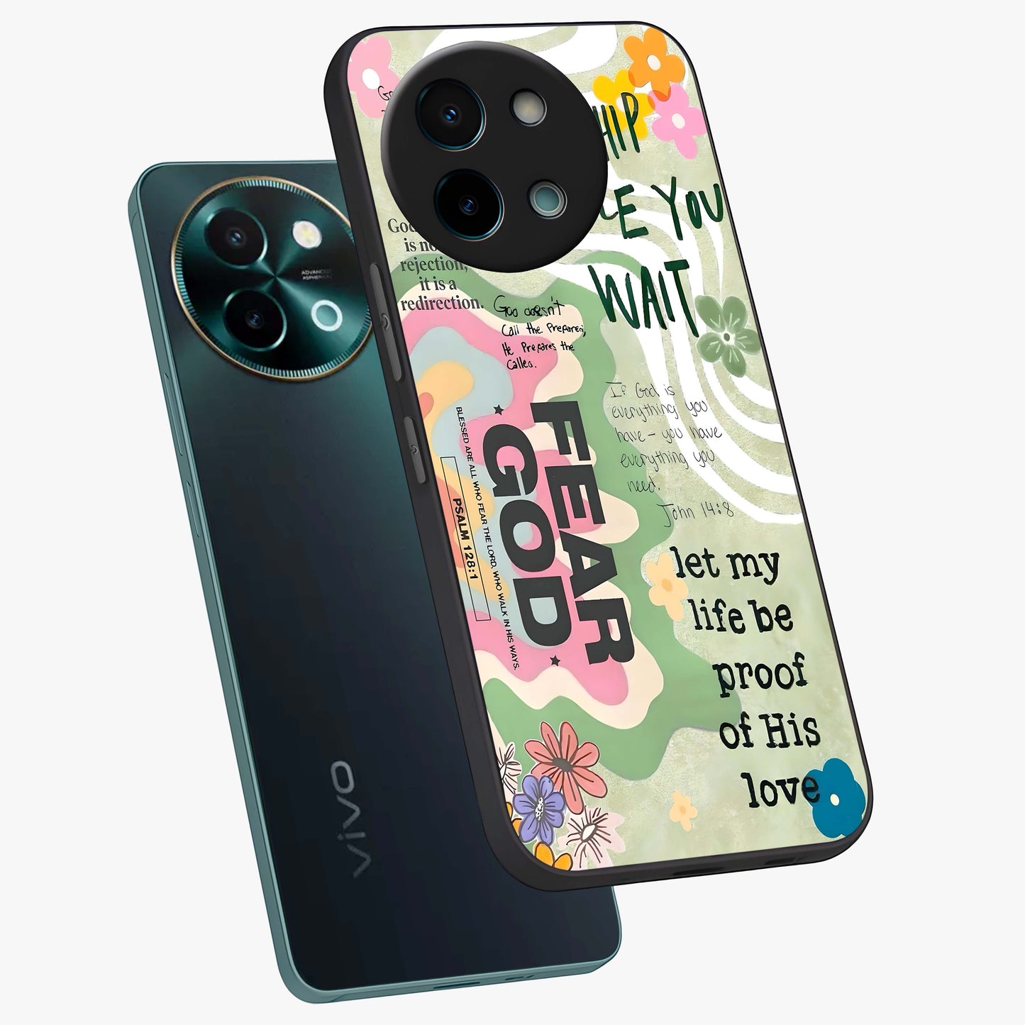 Faith Over Fear Glass Case displayed in angled mockup highlighting inspirational message design with modern aesthetic style.