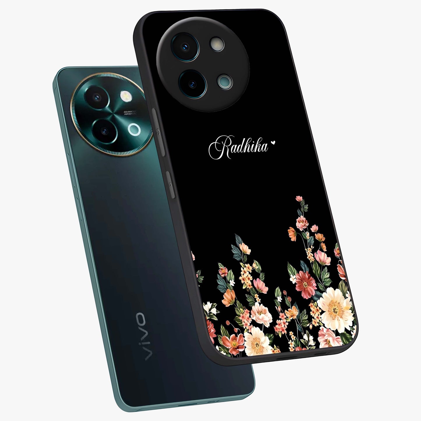 Floral Design With a Custom Personalized Name Glass Case displayed in angled mockup highlighting elegant floral pattern with custom name feature.