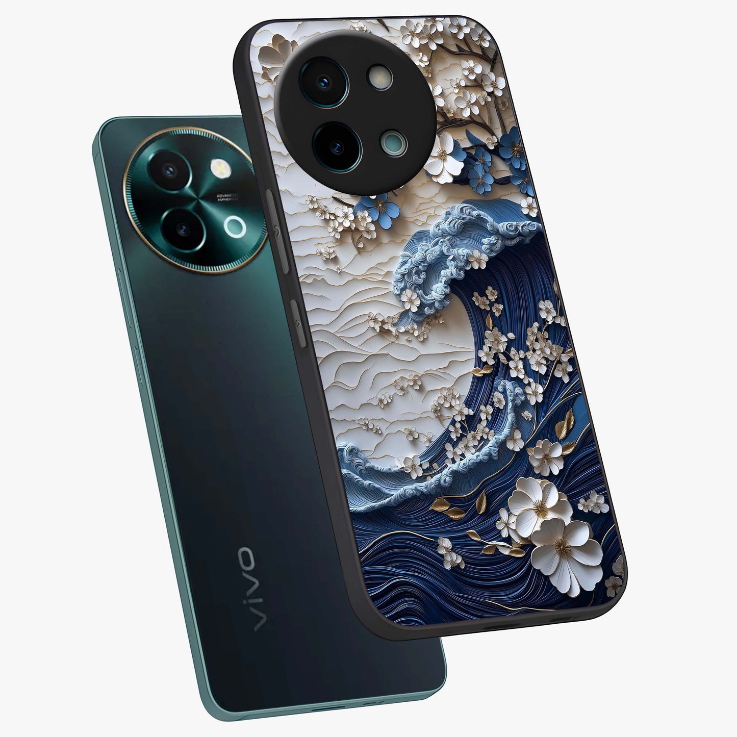 Floral Wave Origami Glass Case displayed in angled mockup highlighting geometric origami flower design with modern aesthetic style.