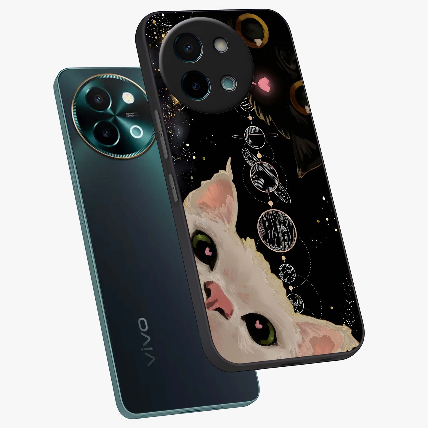 Galactic Cat Glass Case displayed in angled mockup highlighting celestial feline illustration with galaxy aesthetic style.