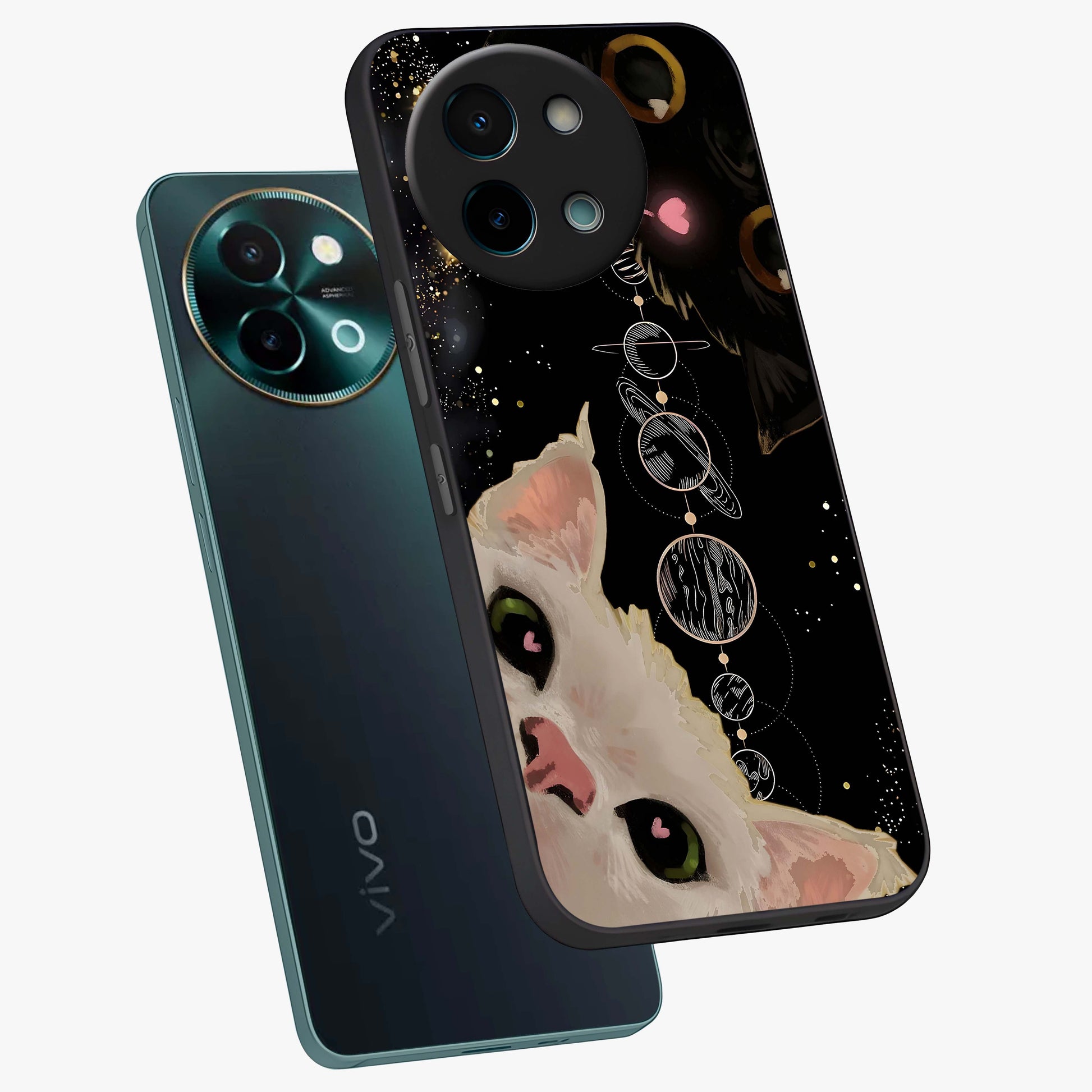 Galactic Cat Glass Case displayed in angled mockup highlighting celestial feline illustration with galaxy aesthetic style.