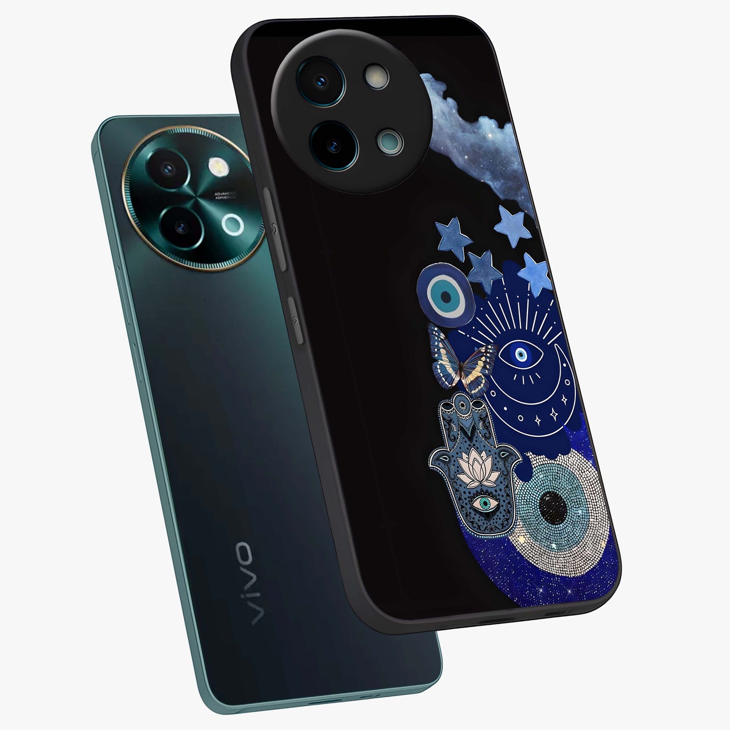 Galactic Charm Cluster Glass Case displayed in angled mockup highlighting luminous galaxy inspired design with dreamy aesthetic.