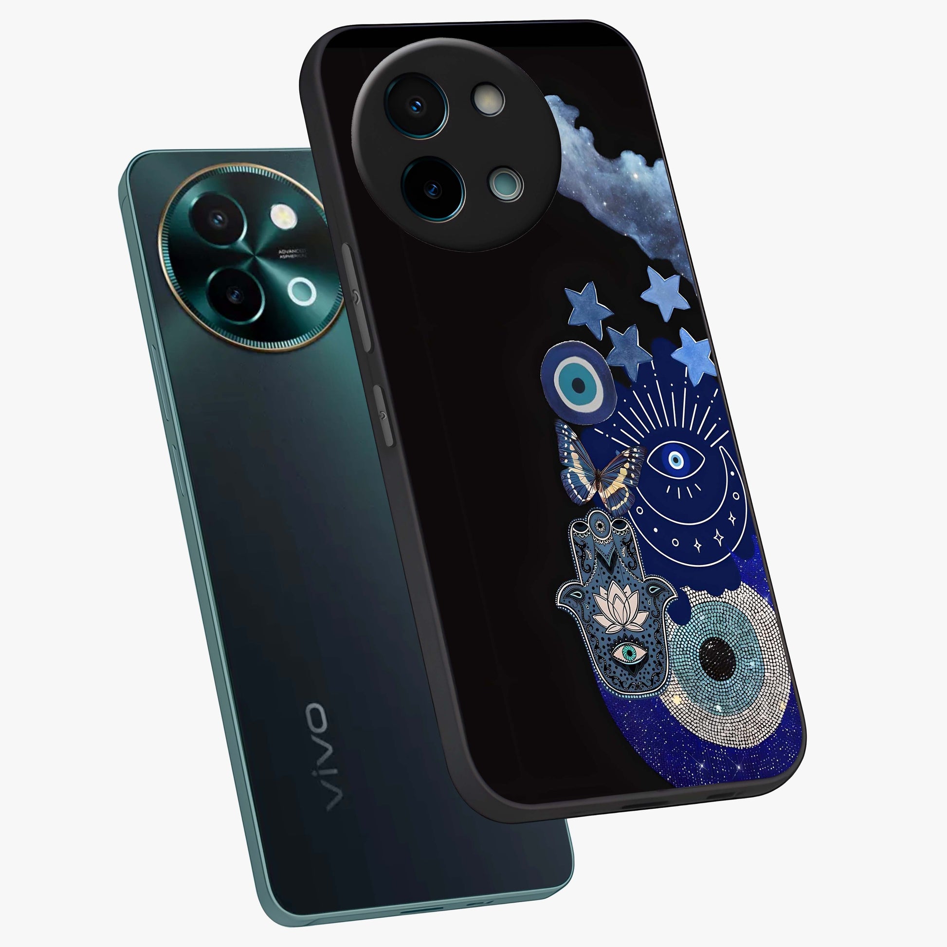 Galactic Charm Cluster Glass Case displayed in angled mockup highlighting luminous galaxy inspired design with dreamy aesthetic.