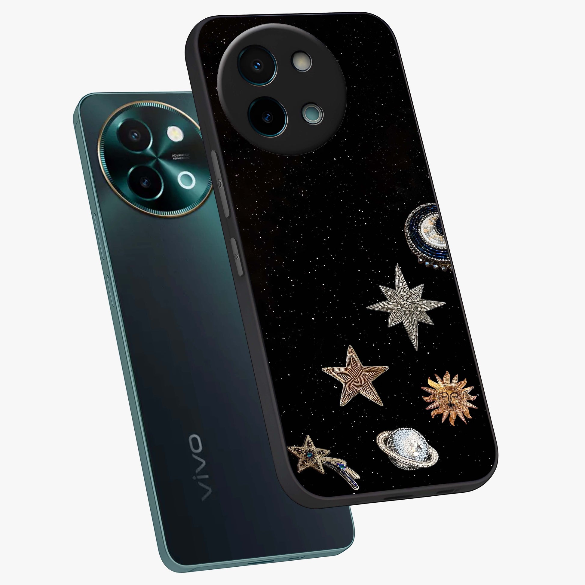 Galactic Charm Glow Glass Case displayed in angled mockup highlighting luminous galaxy inspired design with dreamy aesthetic.