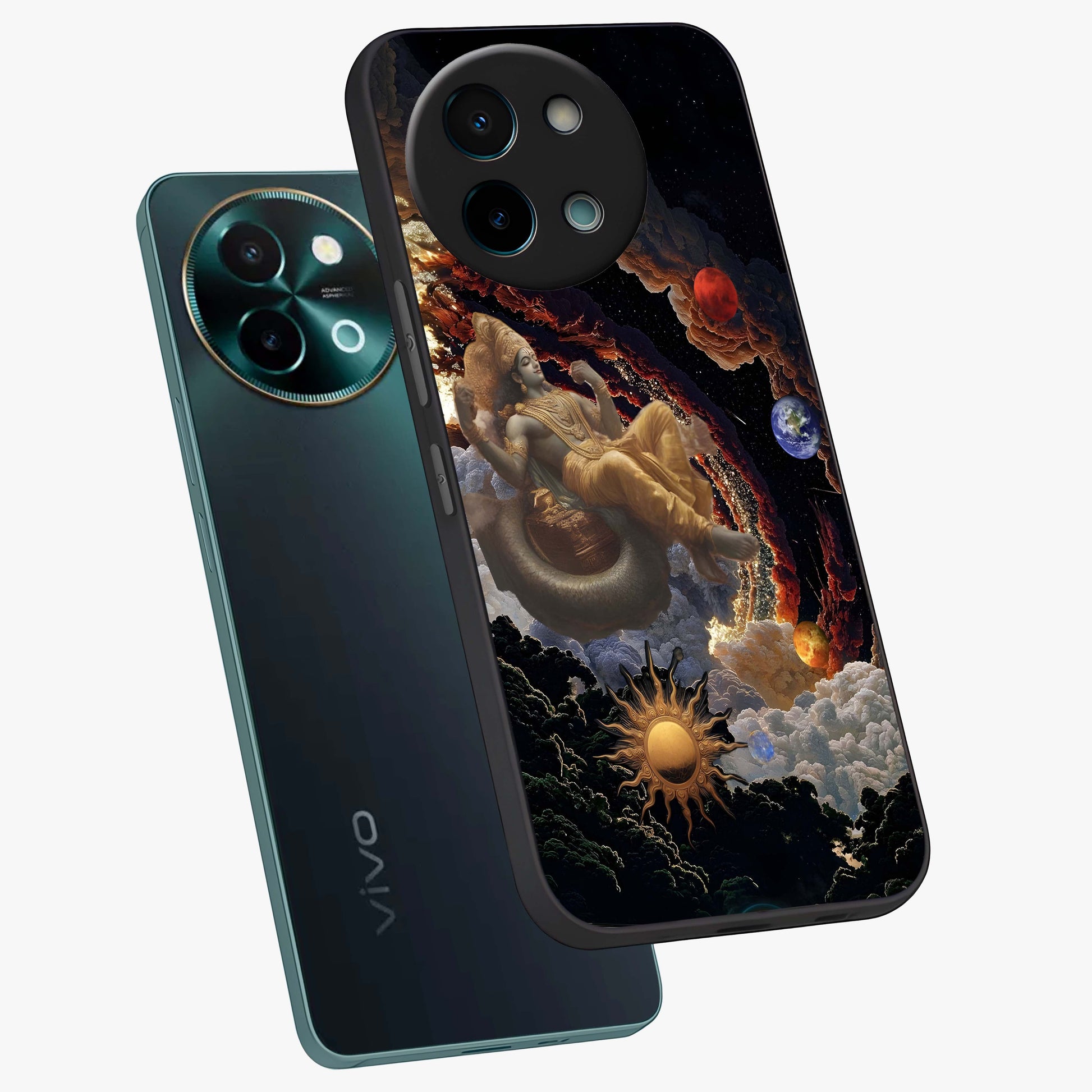 Galactic Divine God Glass Case displayed in angled mockup highlighting powerful celestial deity illustration with galactic aesthetic.
