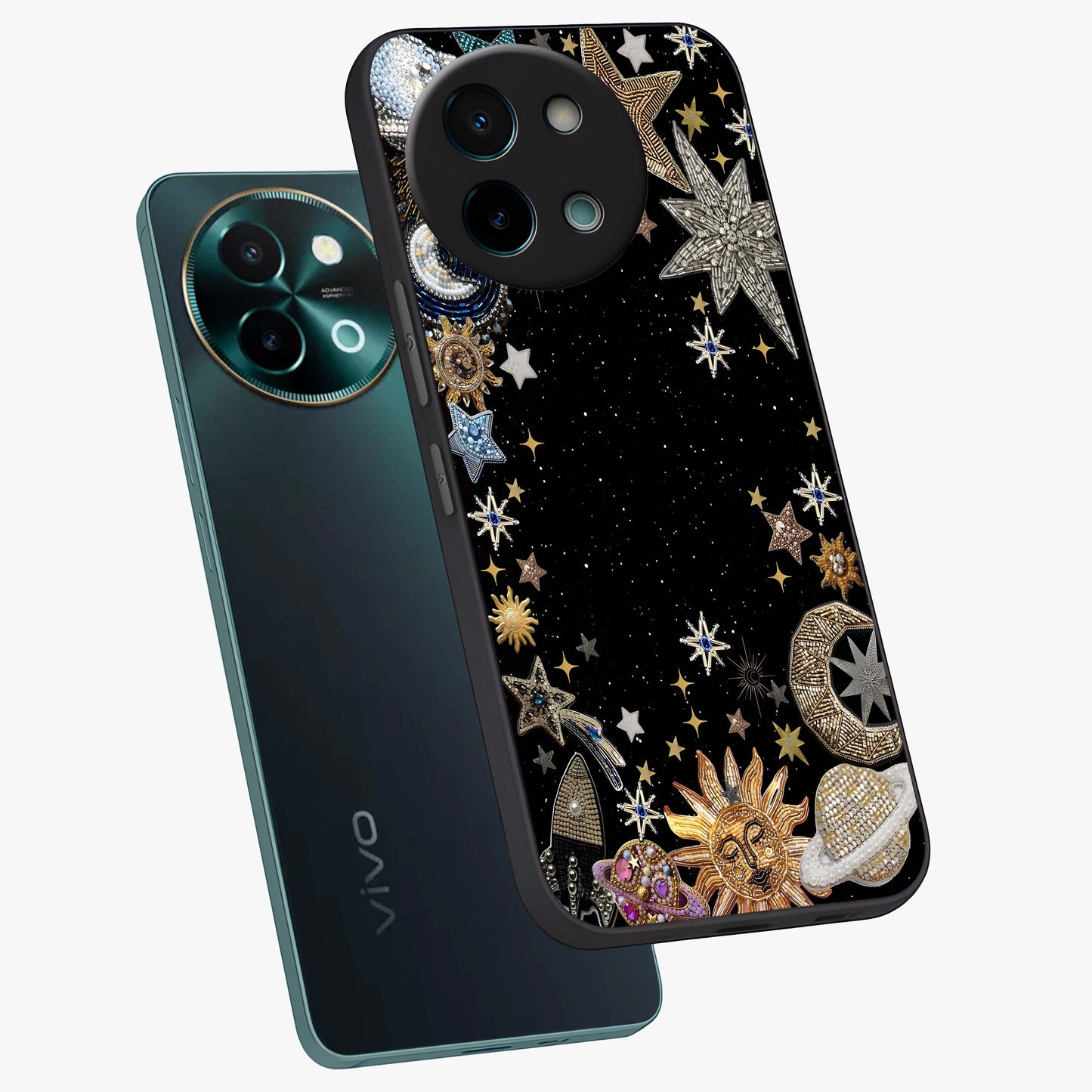 Galactic Jewel Stars Glass Case displayed in angled mockup highlighting shining celestial star design with cosmic aesthetic style.