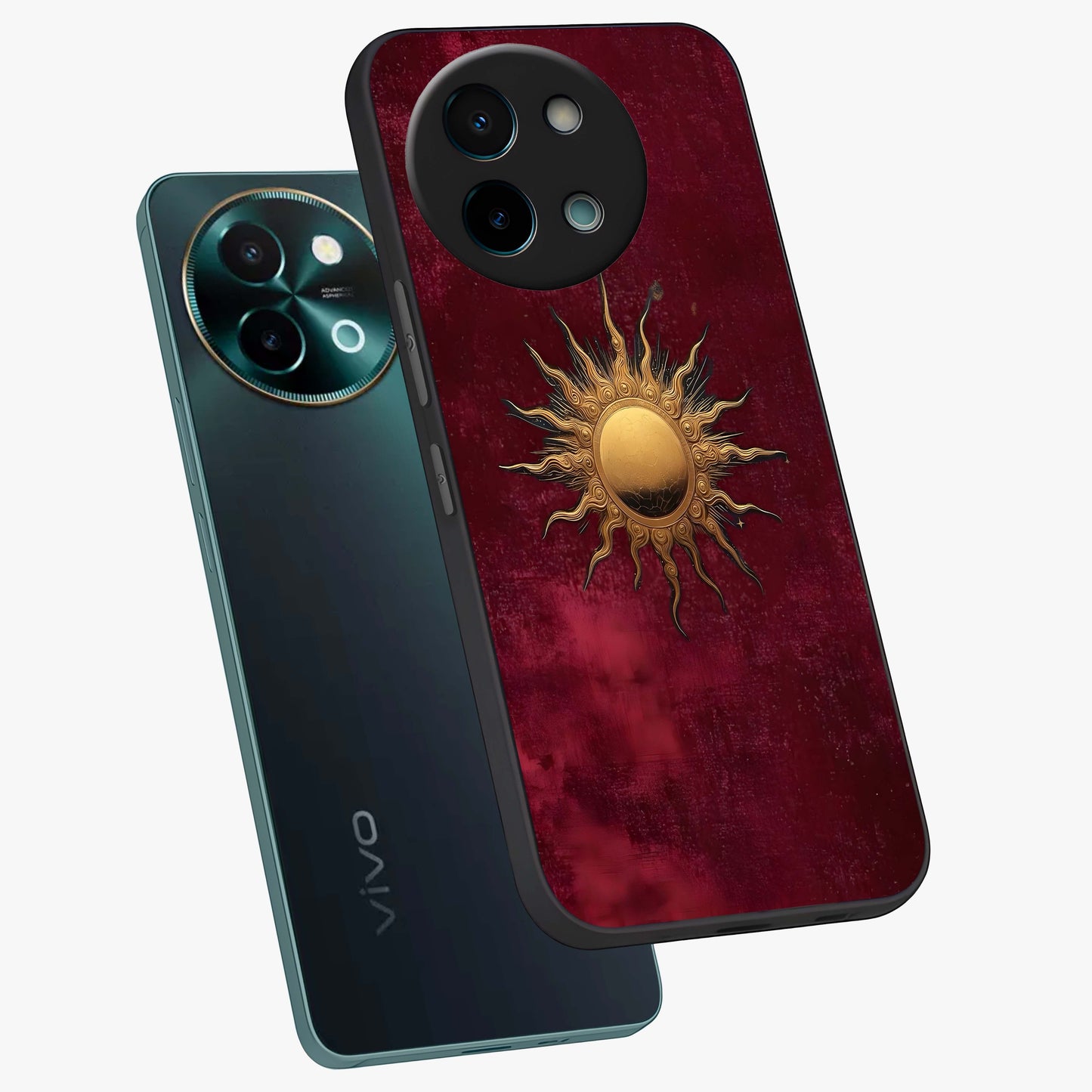 Golden Sun Minimalism Glass Case displayed in angled mockup highlighting clean sun symbol design with modern minimal aesthetic.