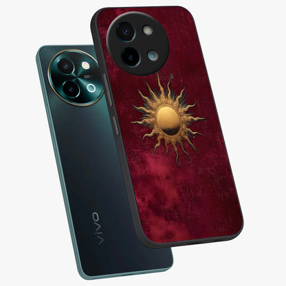 Golden Sun Minimalism Glass Case displayed in angled mockup highlighting clean sun symbol design with modern minimal aesthetic.