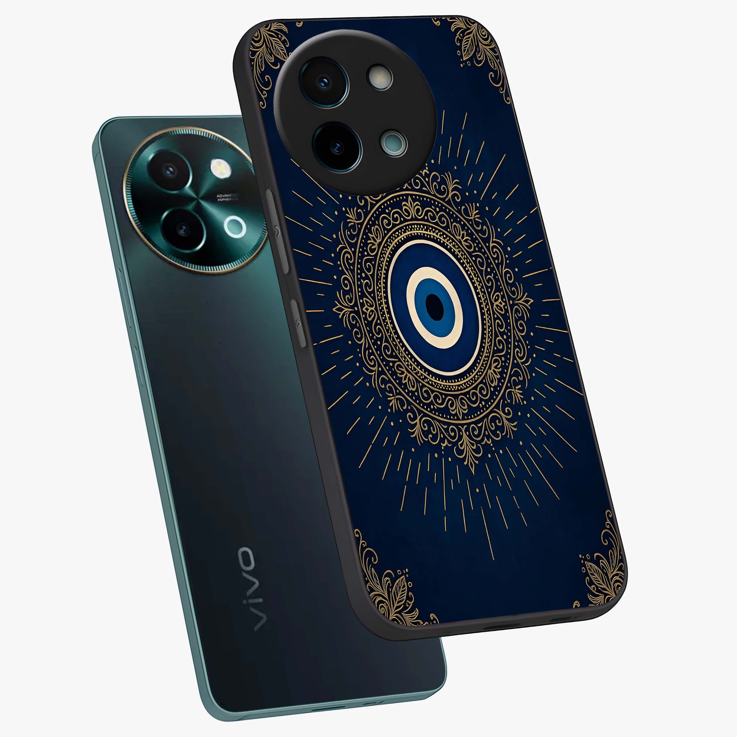Golden Celestial Charm Glass Case displayed in angled mockup highlighting sparkling cosmic charm design with celestial aesthetic.
