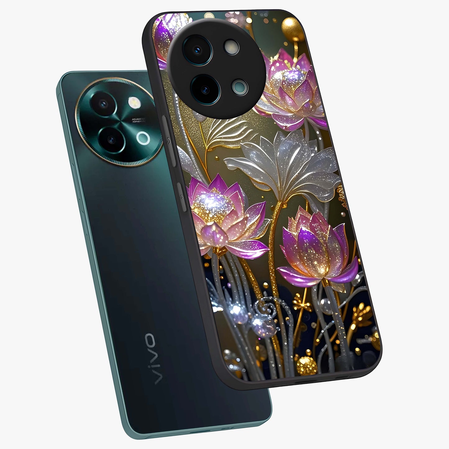 Golden Floral Majesty Glass Case displayed in angled mockup highlighting elegant flower design with royal golden aesthetic.