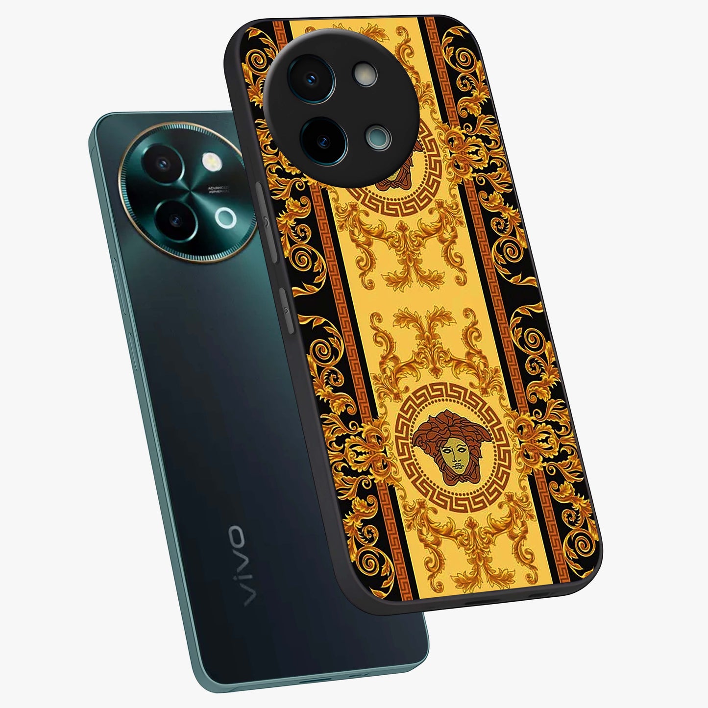 Golden Lotus Glow Glass Case displayed in angled mockup highlighting radiant lotus illustration with spiritual aesthetic.