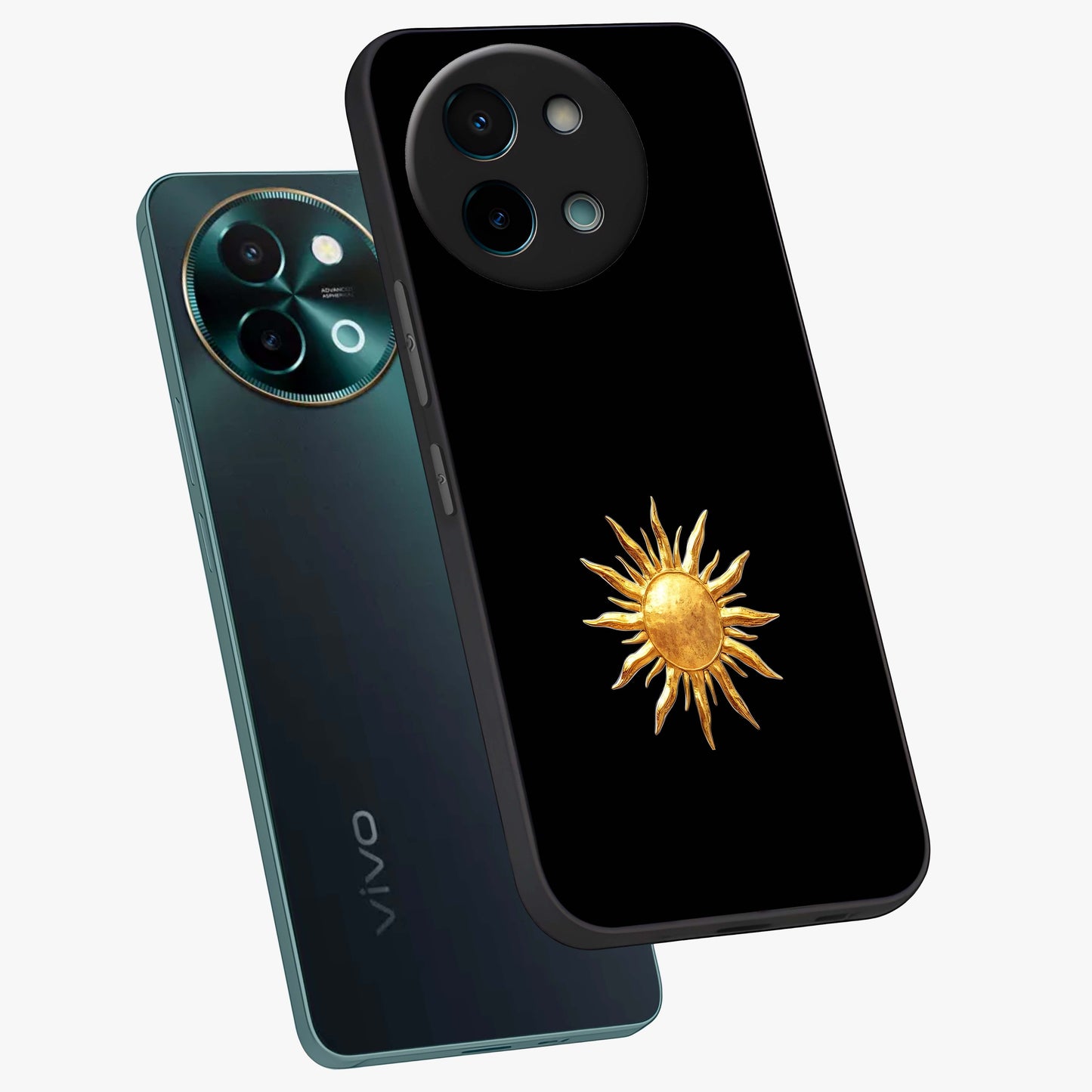 Golden Sun Minimalism Glass Case displayed in angled mockup highlighting eerie shadow illustration with gothic aesthetic.