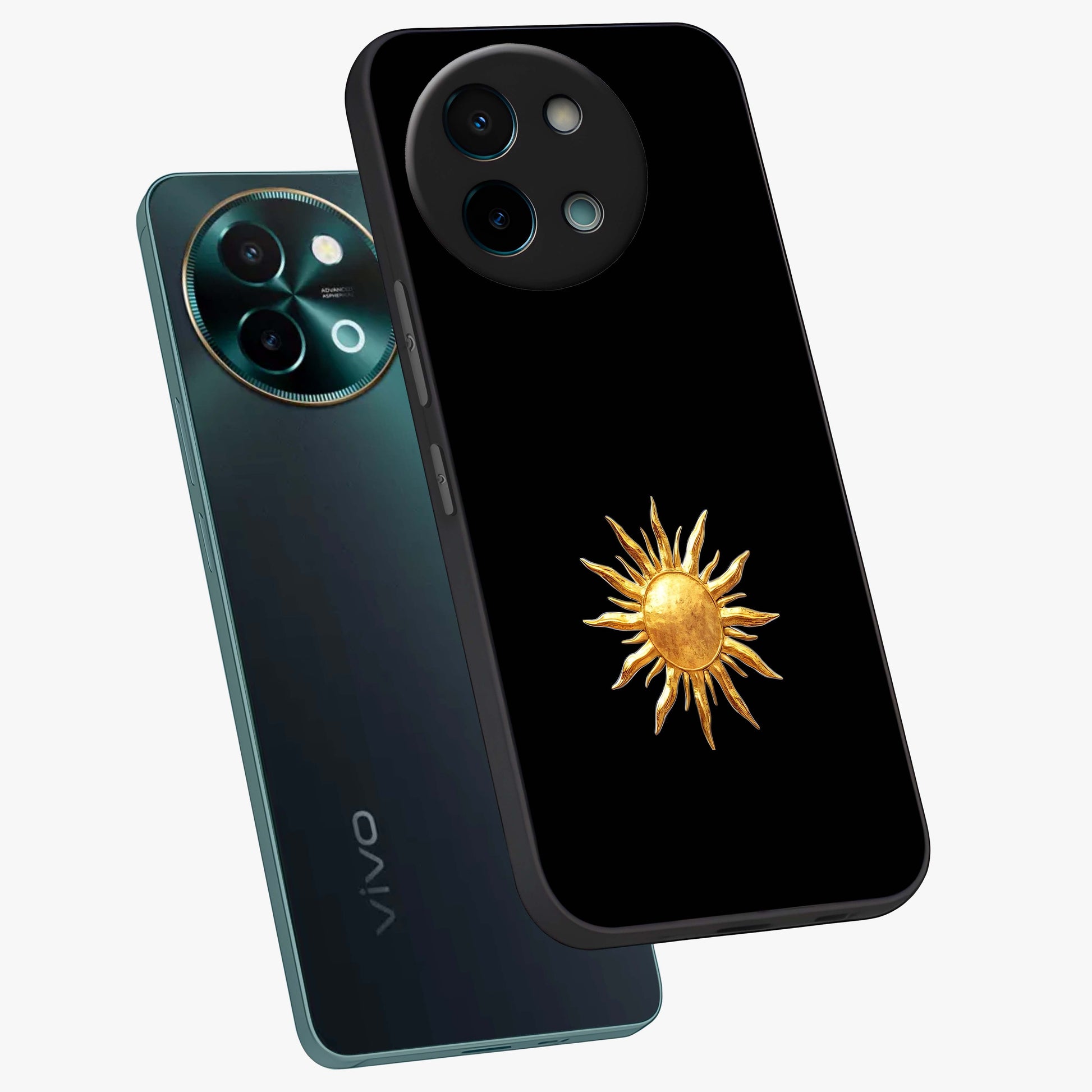 Golden Sun Minimalism Glass Case displayed in angled mockup highlighting eerie shadow illustration with gothic aesthetic.