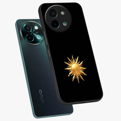 Golden Sun Minimalism Glass Case displayed in angled mockup highlighting eerie shadow illustration with gothic aesthetic.