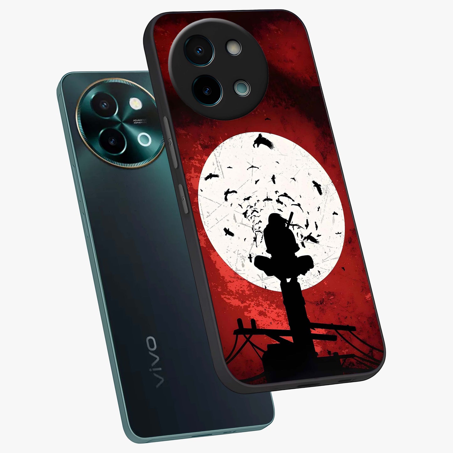 Itachi Limited Edition Naruto Anime Glass Case displayed in angled mockup highlighting dramatic anime illustration with bold action aesthetic.