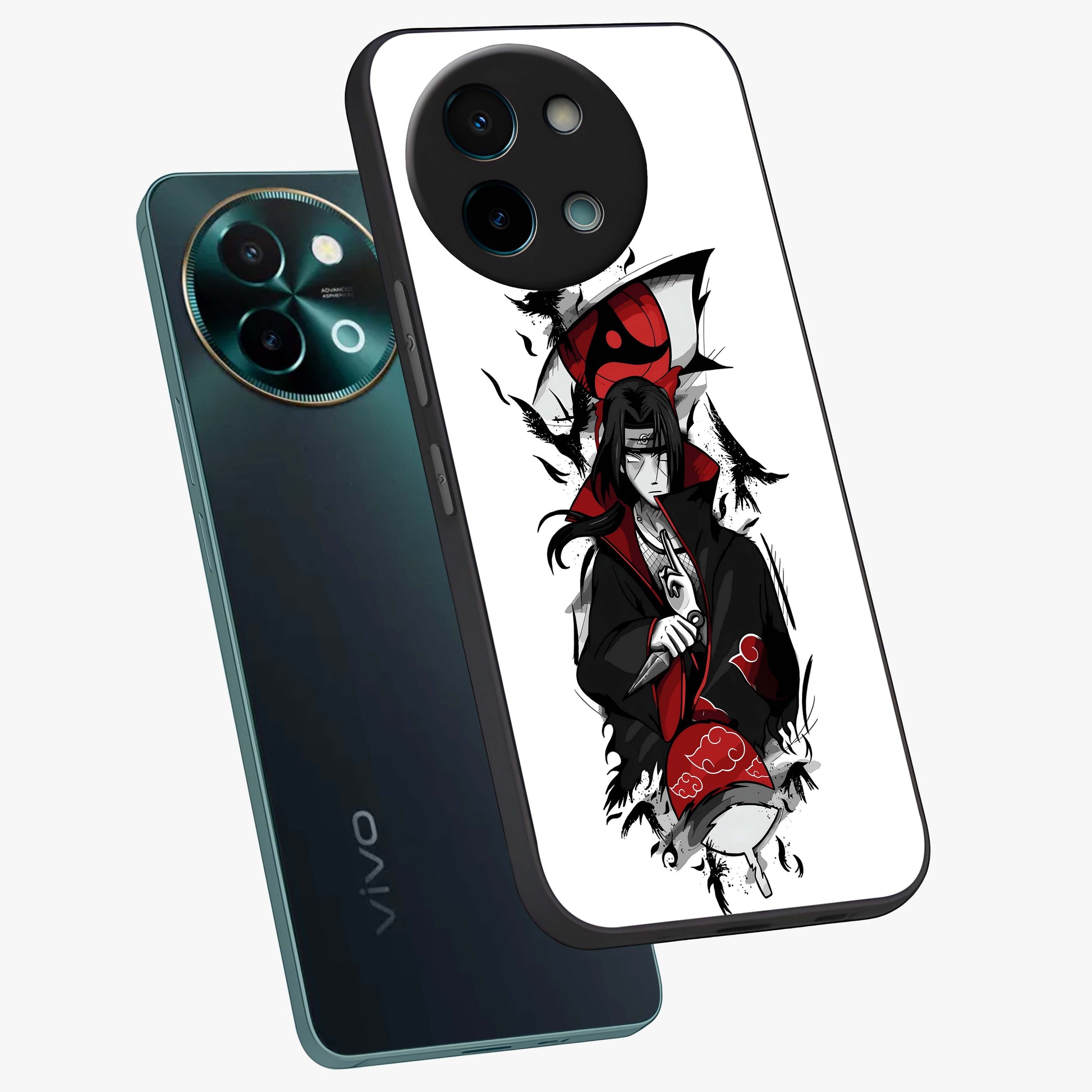 Itachi Sharingan Glass Case displayed in angled mockup highlighting striking sharingan eye design with dramatic anime aesthetic.