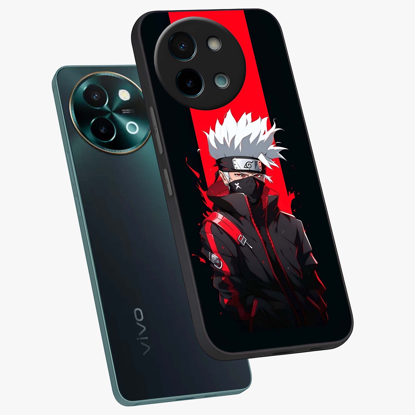 Kakashi Scarlet Shadow Glass Case displayed in angled mockup highlighting dramatic ninja illustration with scarlet themed aesthetic.
