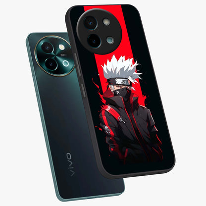 Kakashi Scarlet Shadow Glass Case displayed in angled mockup highlighting dramatic ninja illustration with scarlet themed aesthetic.