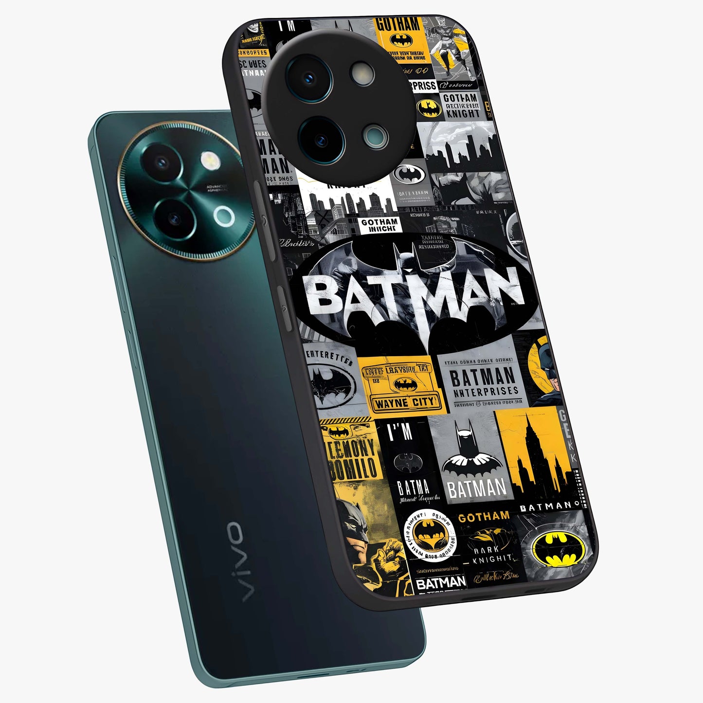 Knight Gotham Rise Glass Case displayed in angled mockup highlighting powerful knight silhouette design with dramatic aesthetic.