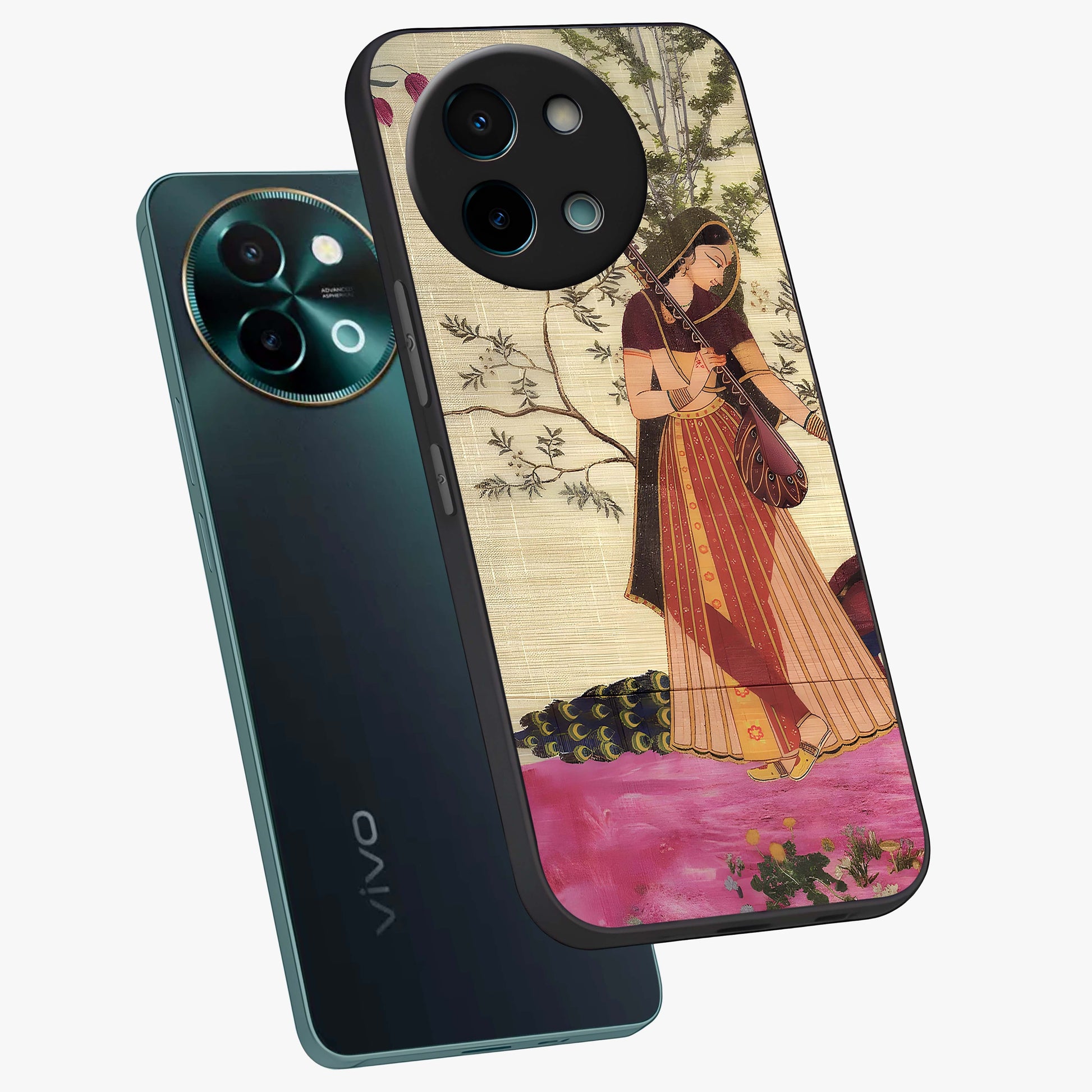 Lady With Veena Art Glass Case displayed in angled mockup highlighting graceful musical illustration with cultural artistic aesthetic.