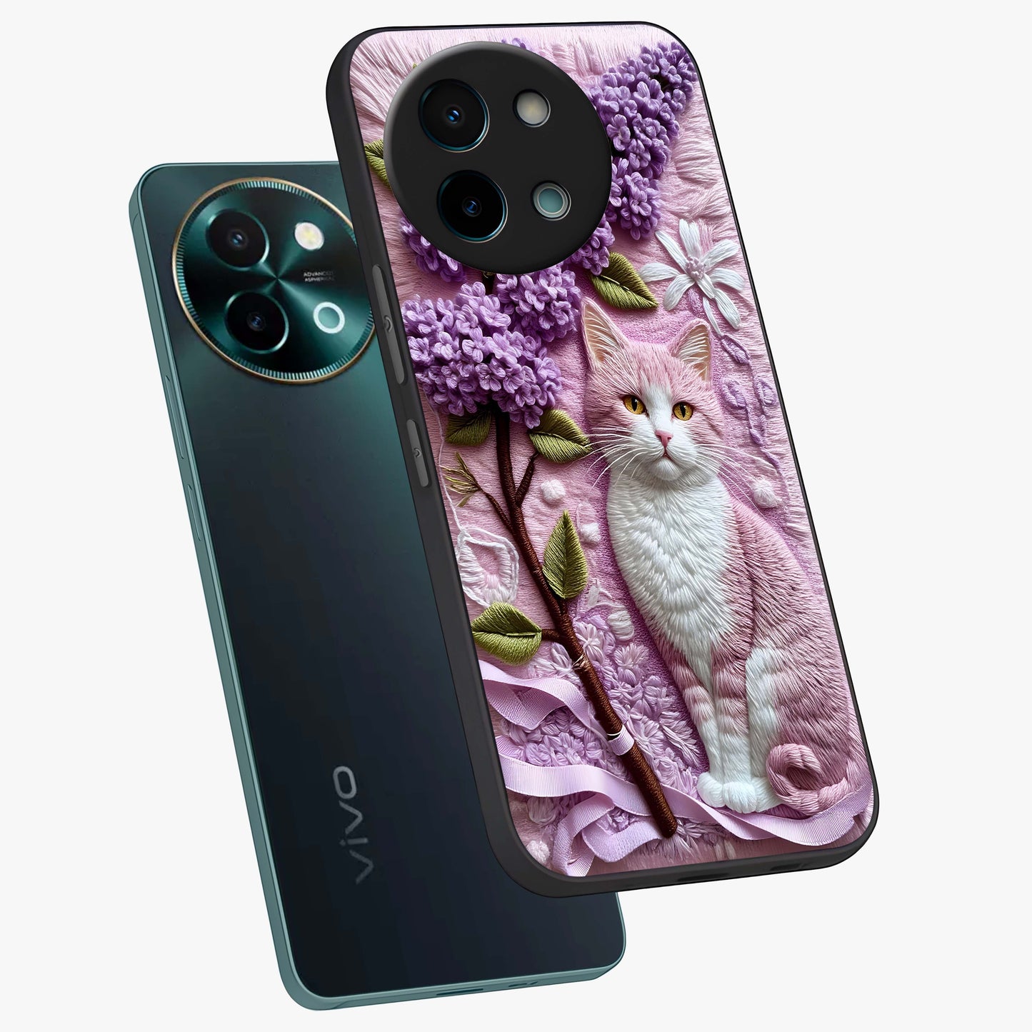 Lavender Cat Whimsy Glass Case displayed in angled mockup highlighting playful feline illustration with pastel lavender aesthetic.