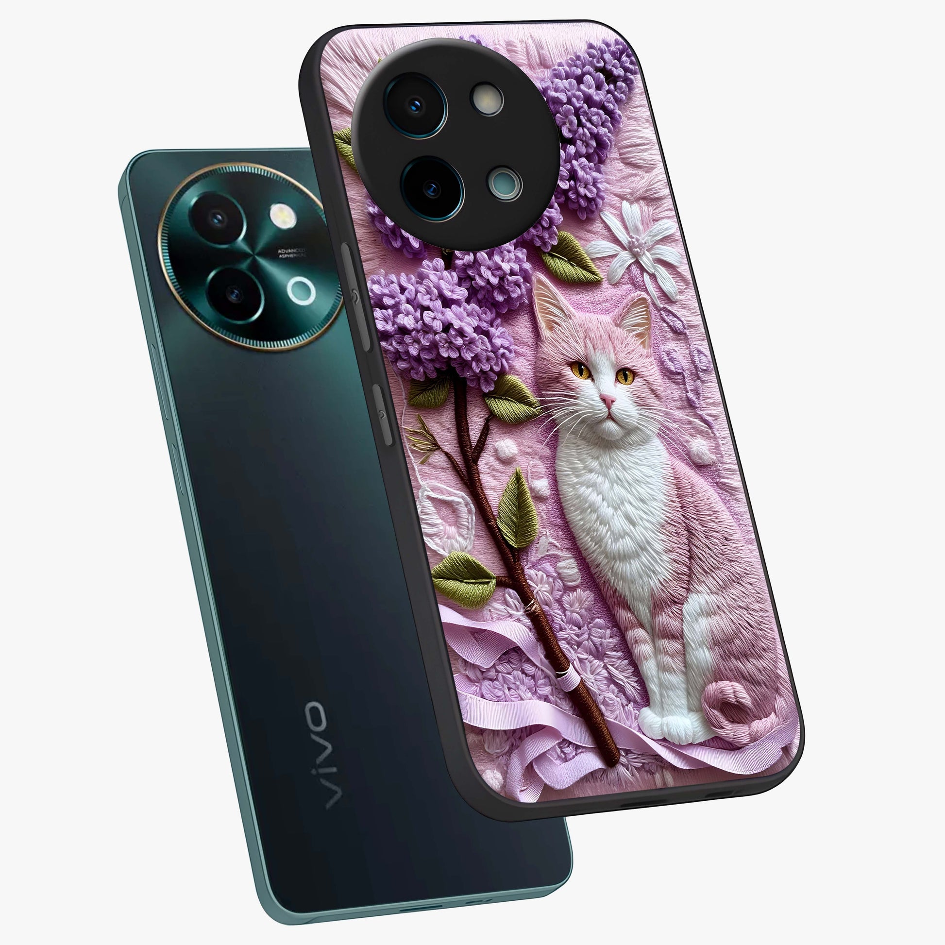 Lavender Cat Whimsy Glass Case displayed in angled mockup highlighting playful feline illustration with pastel lavender aesthetic.