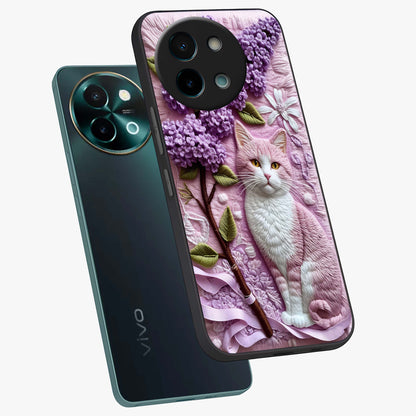 Lavender Cat Whimsy Glass Case displayed in angled mockup highlighting playful feline illustration with pastel lavender aesthetic.