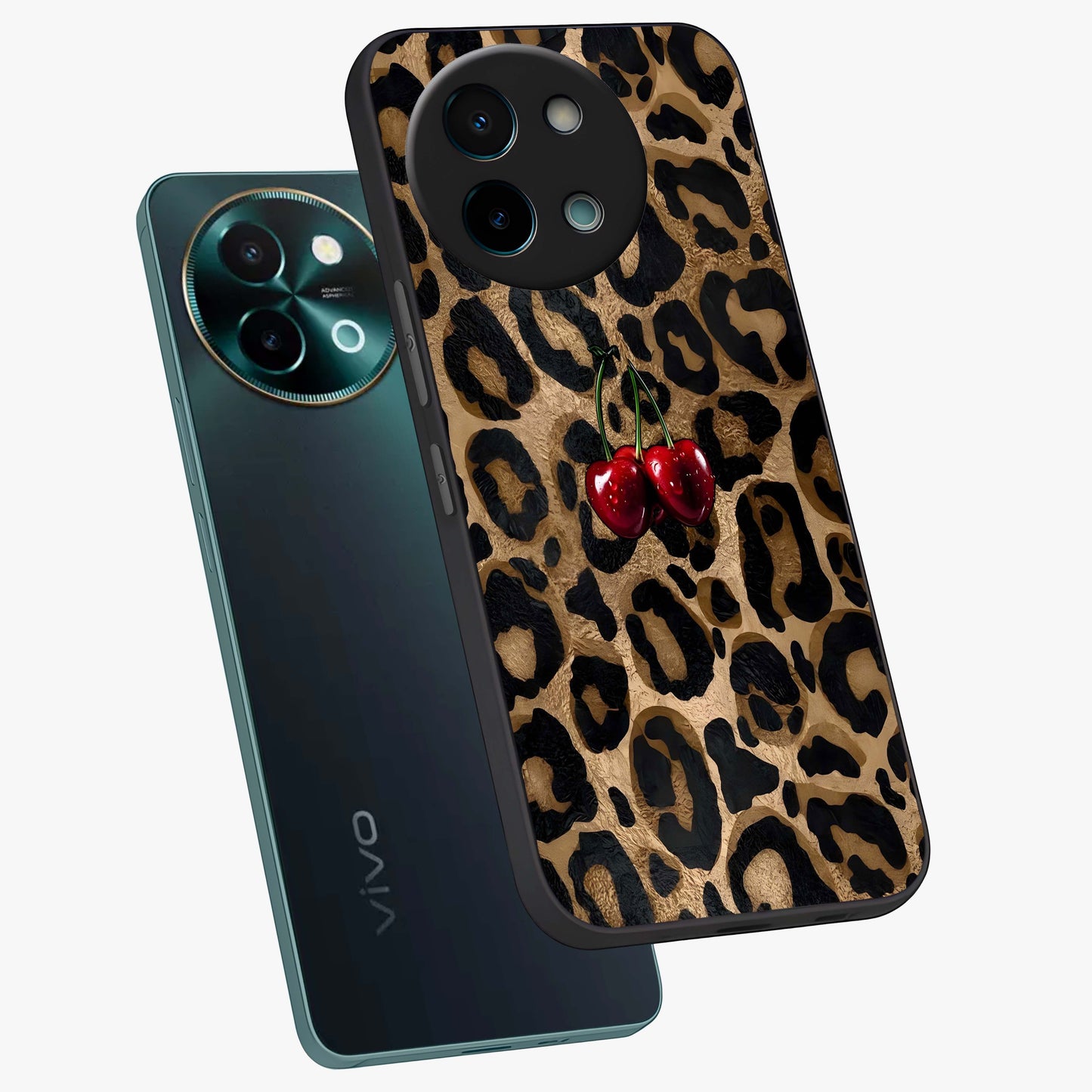 Leopard Wild Cherry Glass Case displayed in angled mockup highlighting bold animal print design with playful cherry aesthetic.