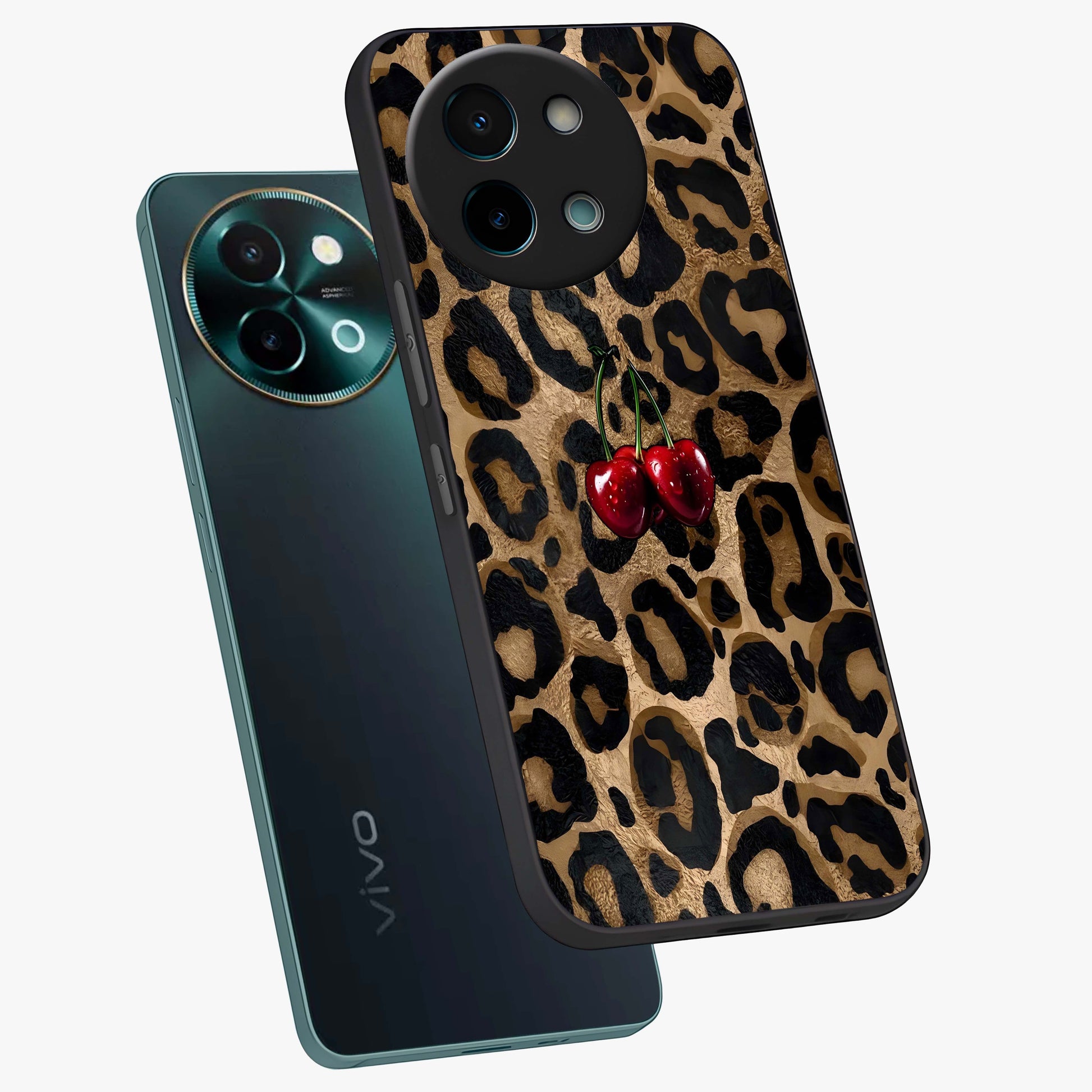 Leopard Wild Cherry Glass Case displayed in angled mockup highlighting bold animal print design with playful cherry aesthetic.