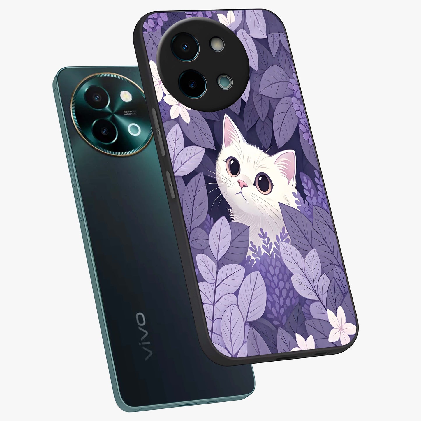 Lilac Hide Peek Cat Glass Case displayed in angled mockup highlighting playful feline illustration with lilac aesthetic design.