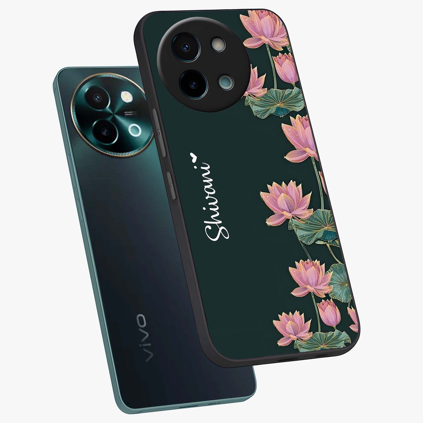 Lotus Bloom Serenity Custom Name Glass Case displayed in angled mockup highlighting graceful lotus illustration with custom name feature.