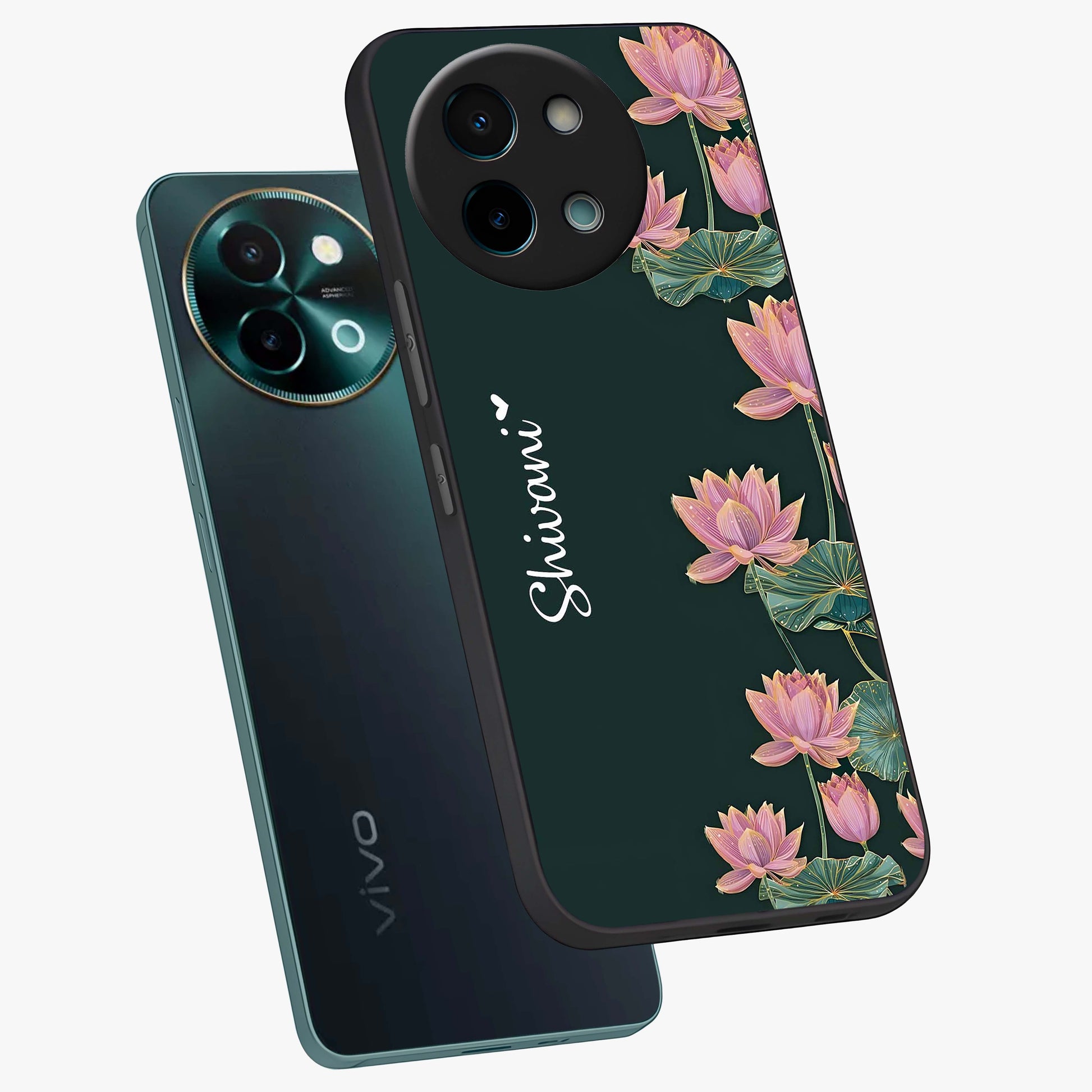Lotus Bloom Serenity Custom Name Glass Case displayed in angled mockup highlighting graceful lotus illustration with custom name feature.