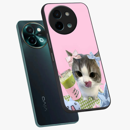 Love Matcha Cat Glass Case displayed in angled mockup highlighting playful feline illustration with cozy matcha aesthetic.
